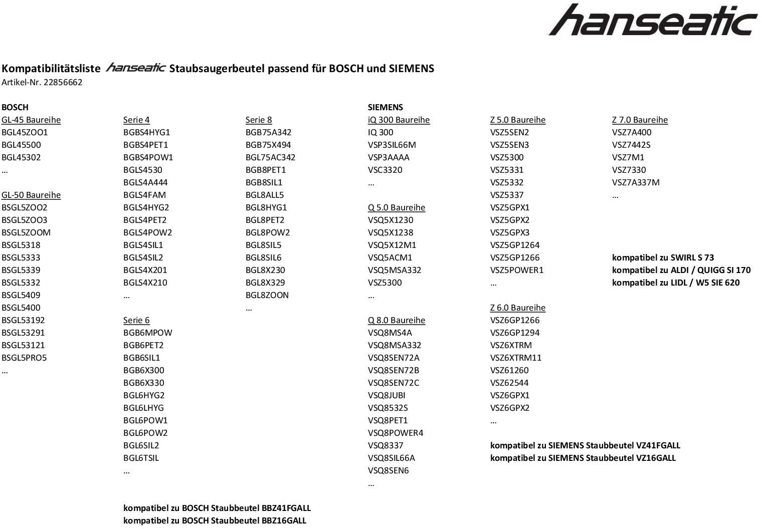 Hanseatic Staubsaugerbeutel, passend für HANSEATIC Staubsaugerbeutel, 10er-Pack, passend für BOSCH Serie 4 BGL4xxx / Serie 6 BGL6xxx / Serie 8 BGL8xxx und SIEMENS Q8.0 VSQ8xxx / Z5.0 VSZ5xxx / Z6.0 VSZ6xxx / Z7.0 VSZ7xxx, 10er- Pack
