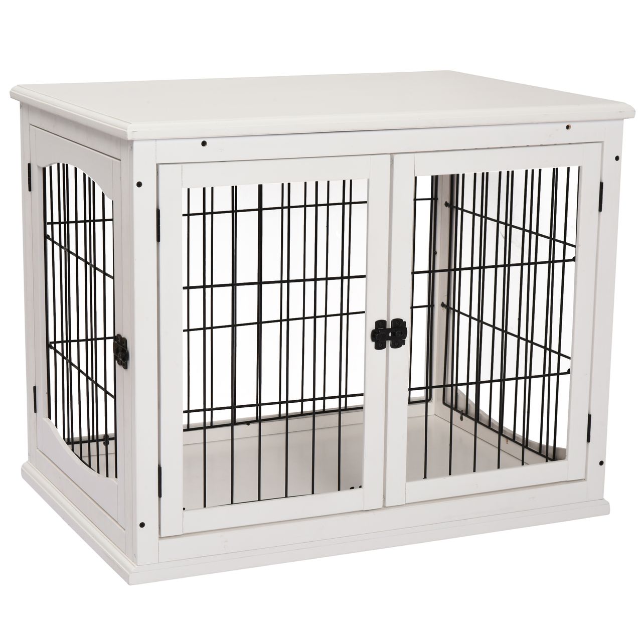 PawHut Hundehütte mit Tischoberfläche, Hundebox für innen, Hundekäfig für Zuhause, 2 Türen, Tierkäfig, Haustier, MDF, Metall, Weiß, 81 x 58,5 x 66 cm
