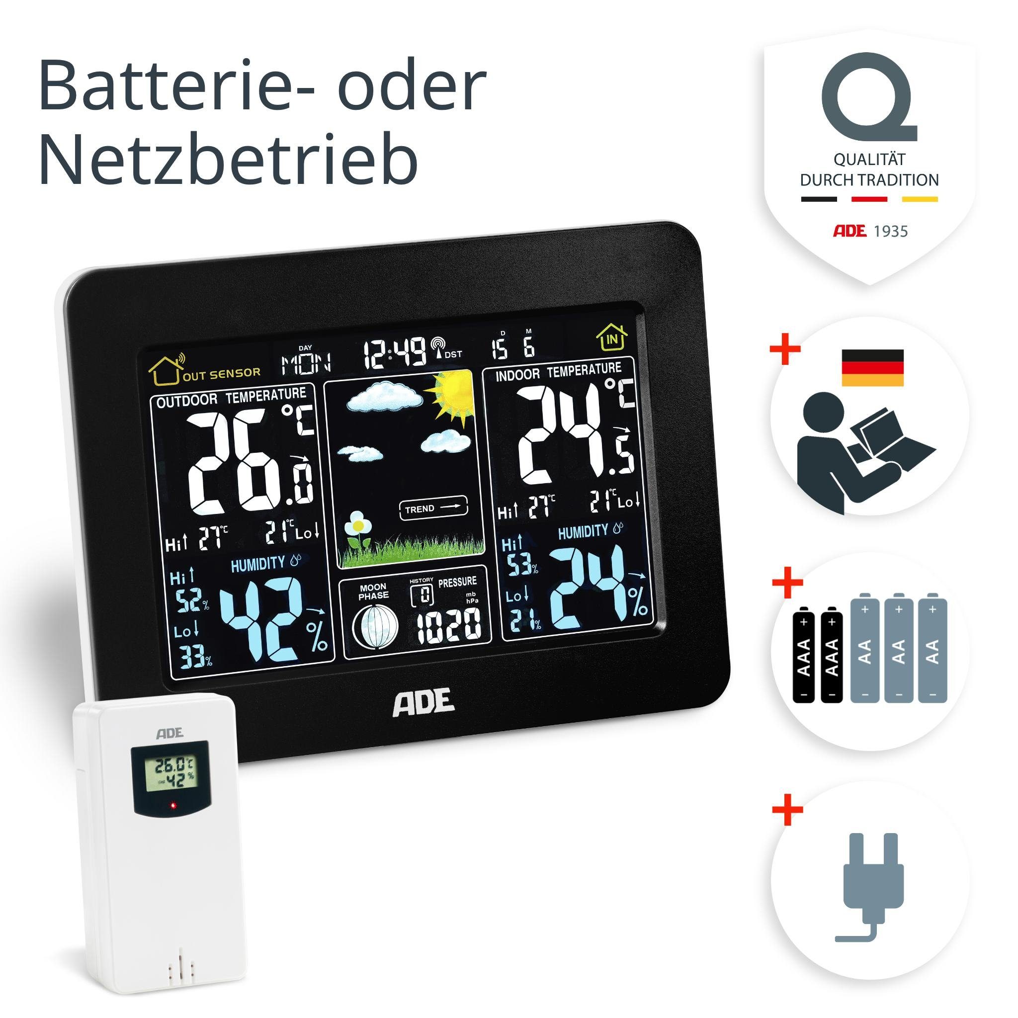 ADE Wetterstation Funk mit Außensensor und Vorhersage Funkwetterstation (mit Luftdruckanzeige, LED-Farbdisplay, Weckfunktion, beleuchtet)