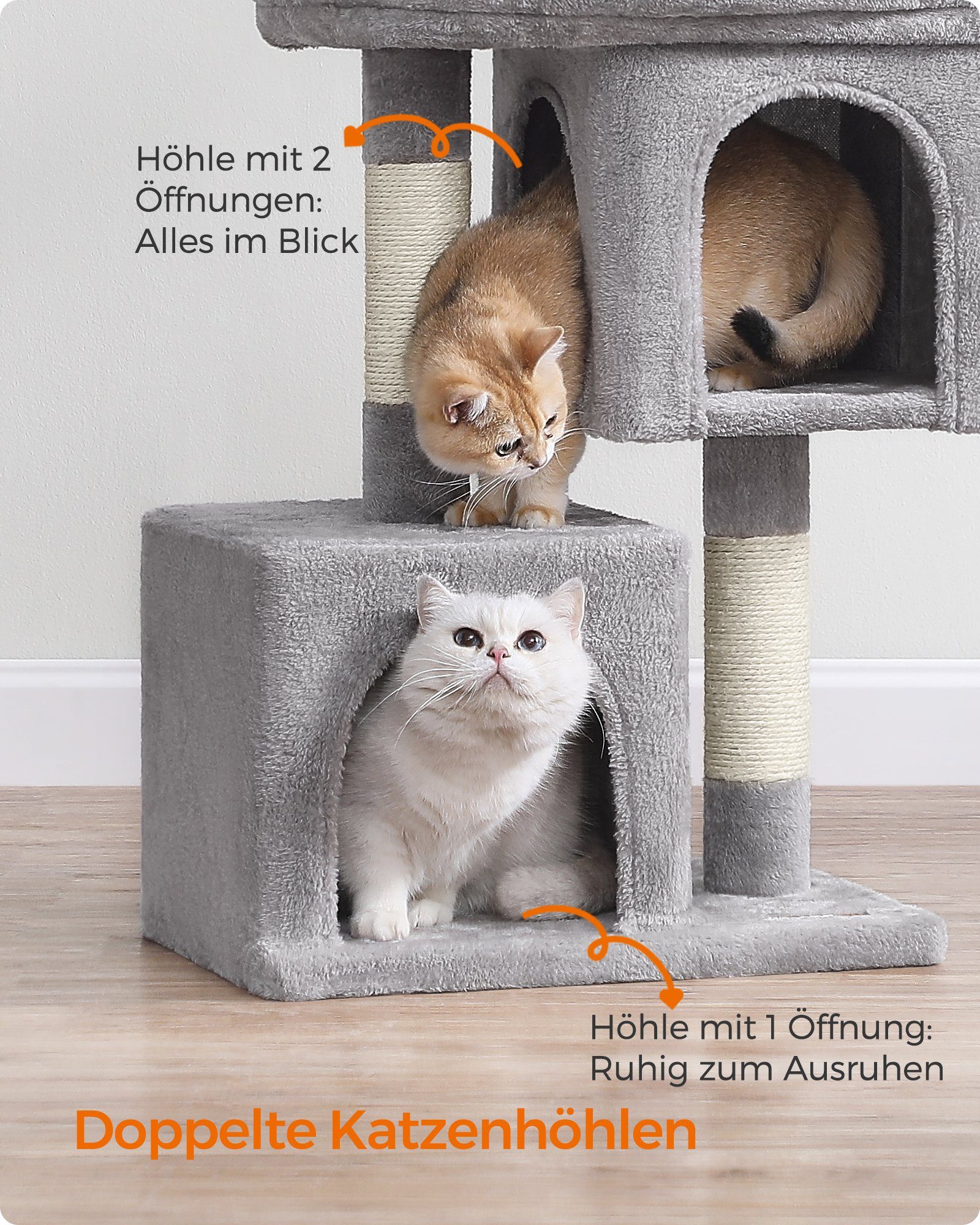 FEANDREA Kratzbaum, M/L Katzenbaum, mit 2 Häuschen, Sisalstämme, kompakt
