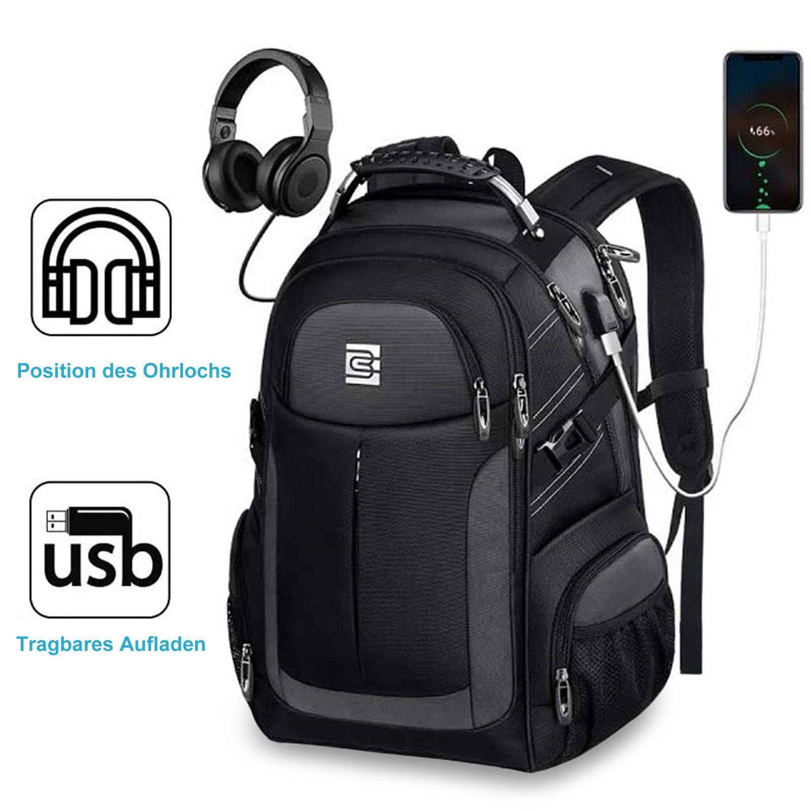 WISHDOR Reiserucksack Computertasche Lässig Rucksack Sportrucksack Sporttasche Umhängetasche (Mit dem eingebauten USB-Ladegerät außen, 32x22x46cm/35x25x50cm), mit USB-Ladeanschluss, passend für 15,6-Zoll-Laptop und Notebook