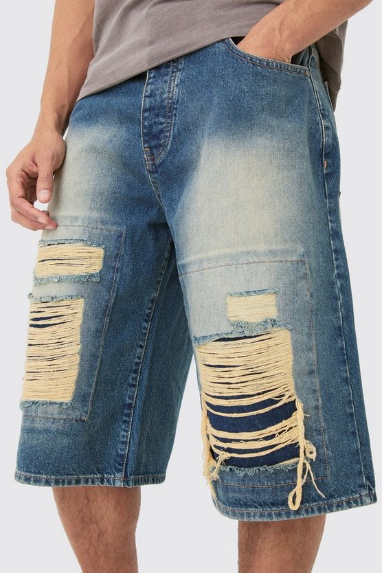 Extrem zerrissene Denim-Jorts in Antik-blau