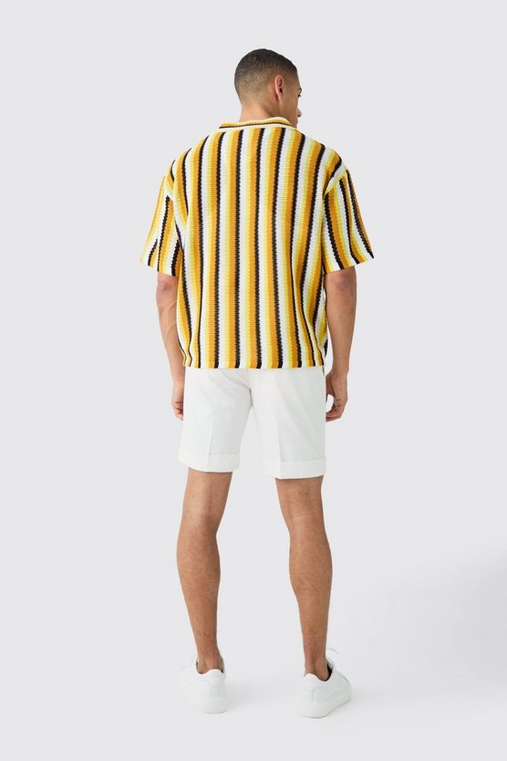 Kastiges gestreiftes Oversize Strick-Poloshirt in Gelb