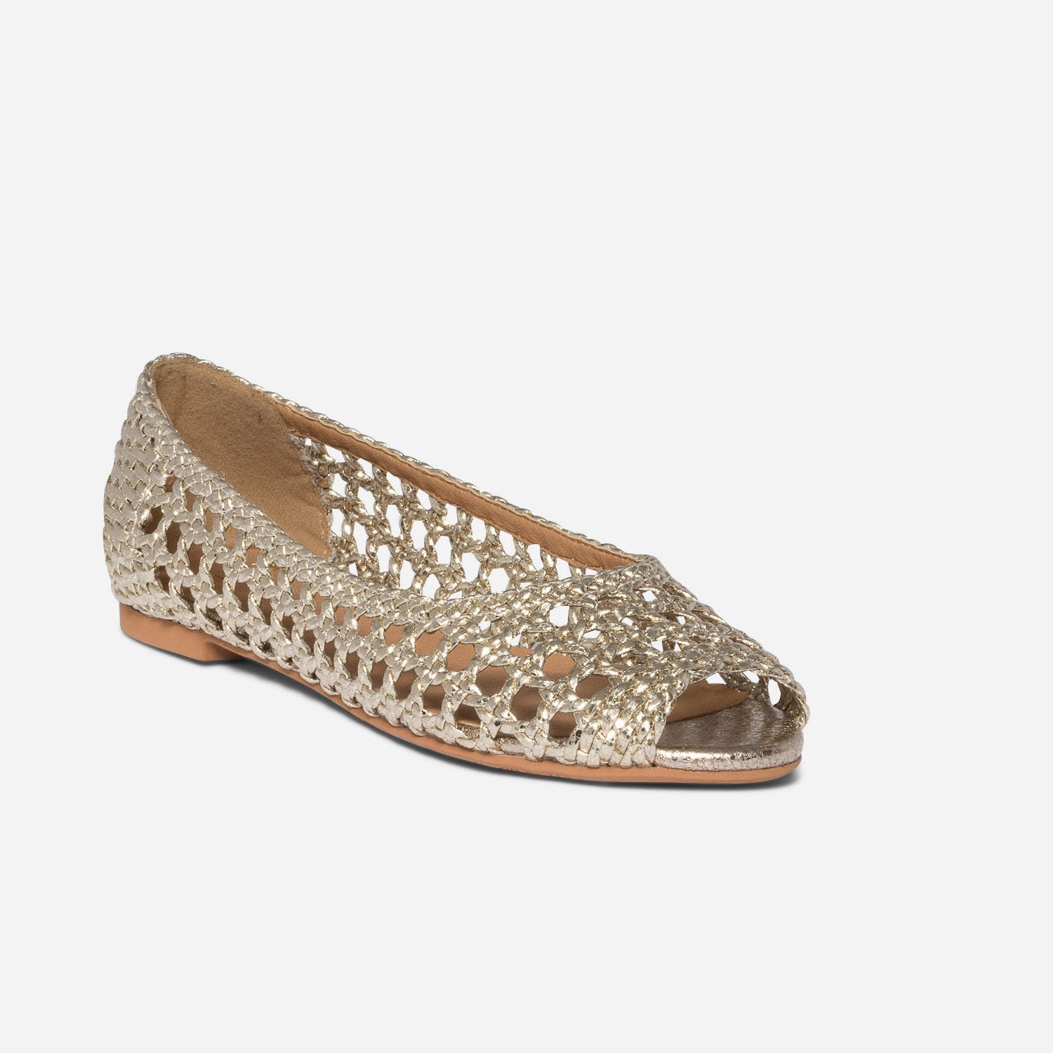 Ballerine open-toe dorée tressée esprit cannage