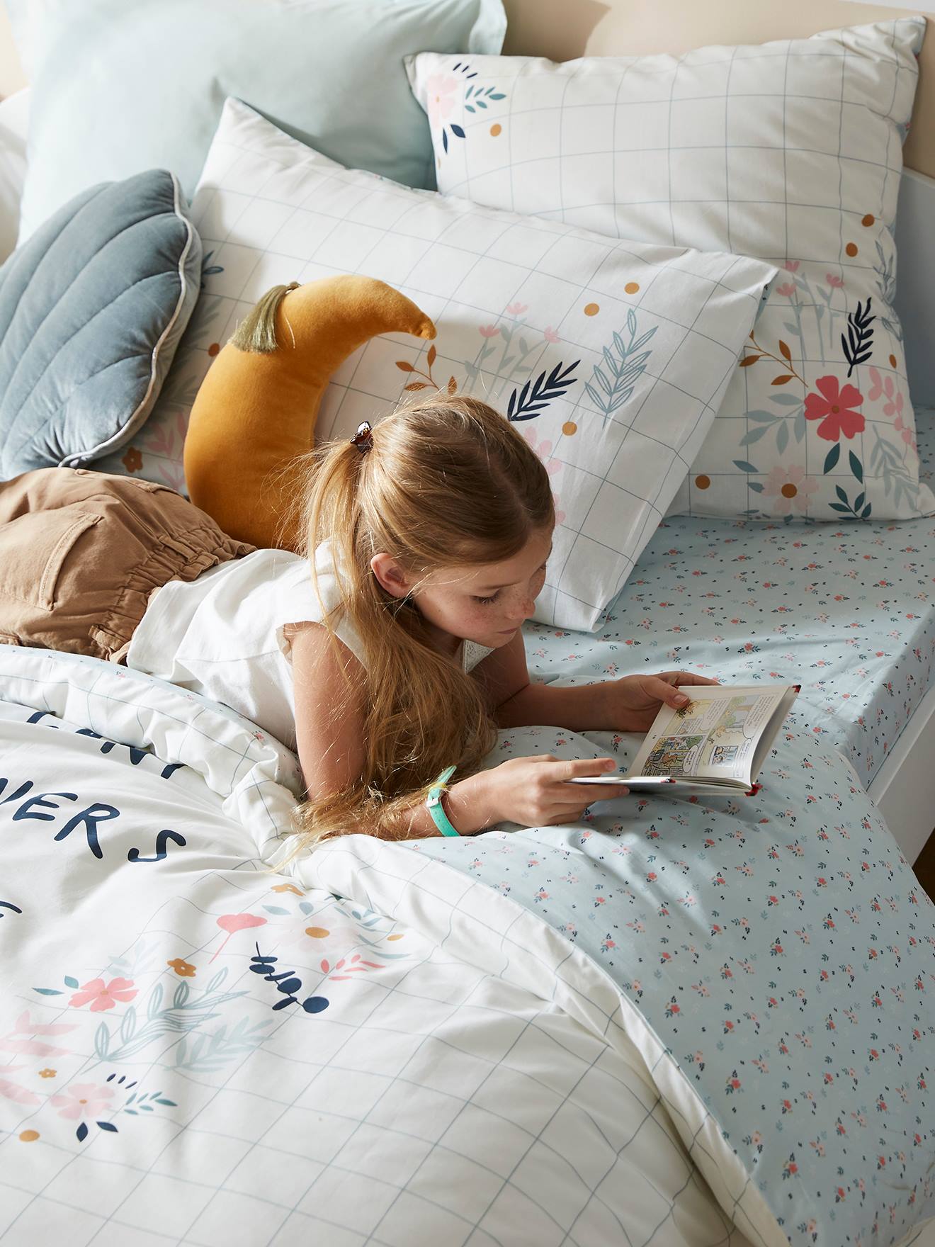 Parure housse de couette + taie d'oreiller enfant Bio Collection FLOREALE ecru/bleu grisé