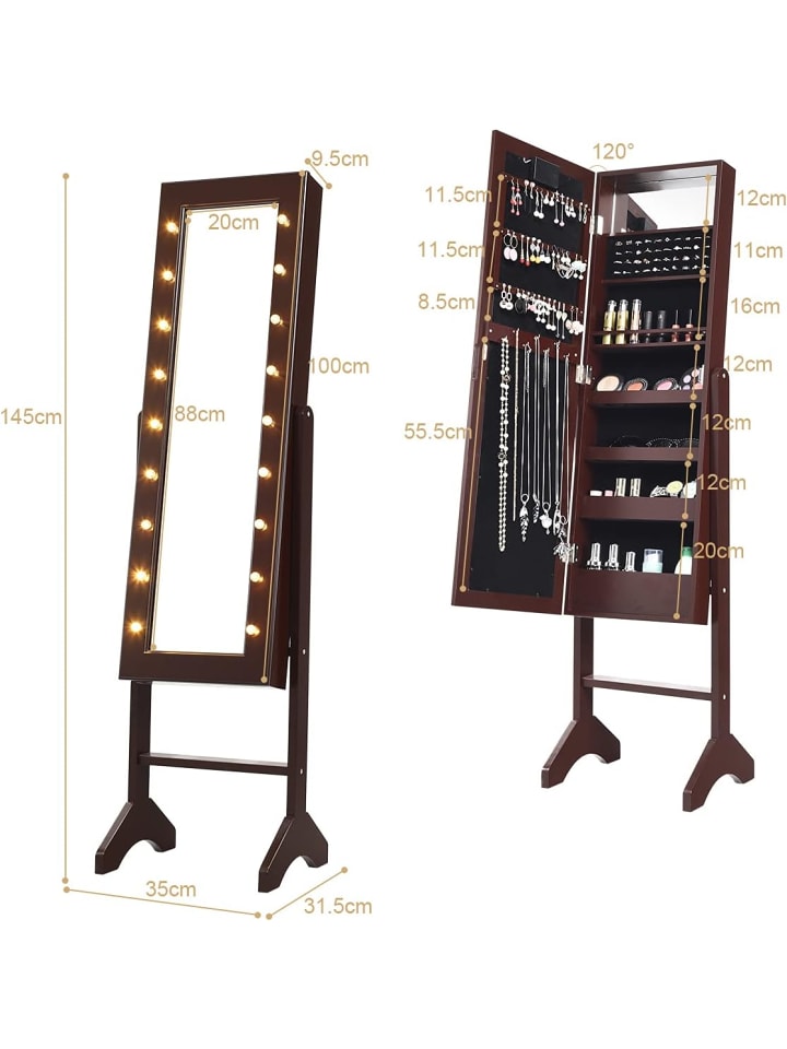 COSTWAY Schmuckschrank mit 18 LEDS in Braun günstig kaufen 145 cm