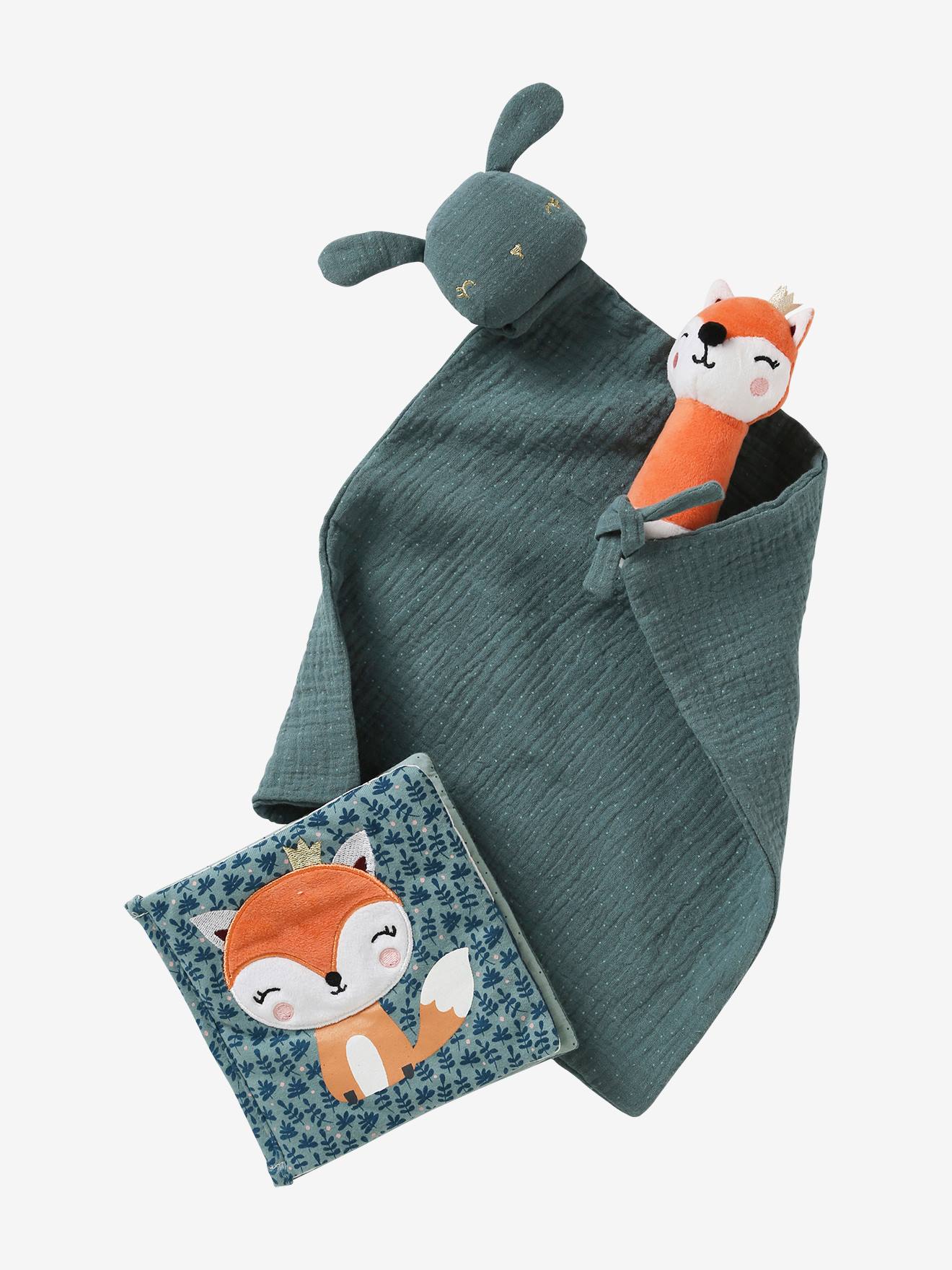 Coffret cadeau 3 pièces : doudou lange + hochet + livre imagier forêt enchantée