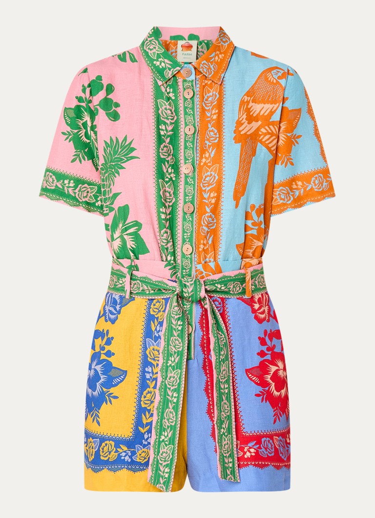 Farm Rio Straight fit playsuit in linen blend with tie belt