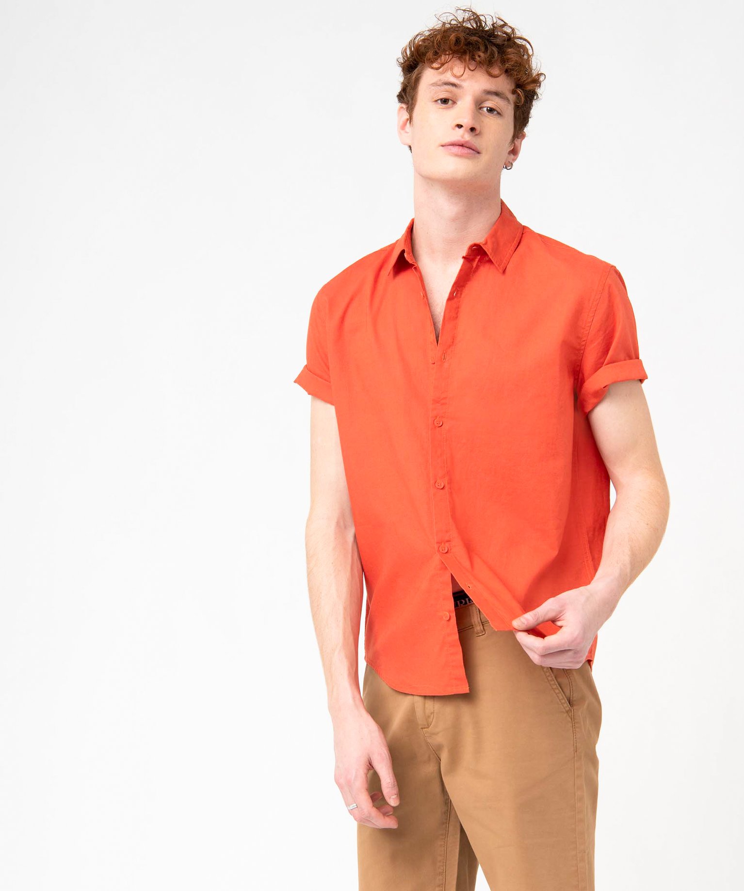 Chemise homme à manches courtes en lin mélangé orange | GEMO