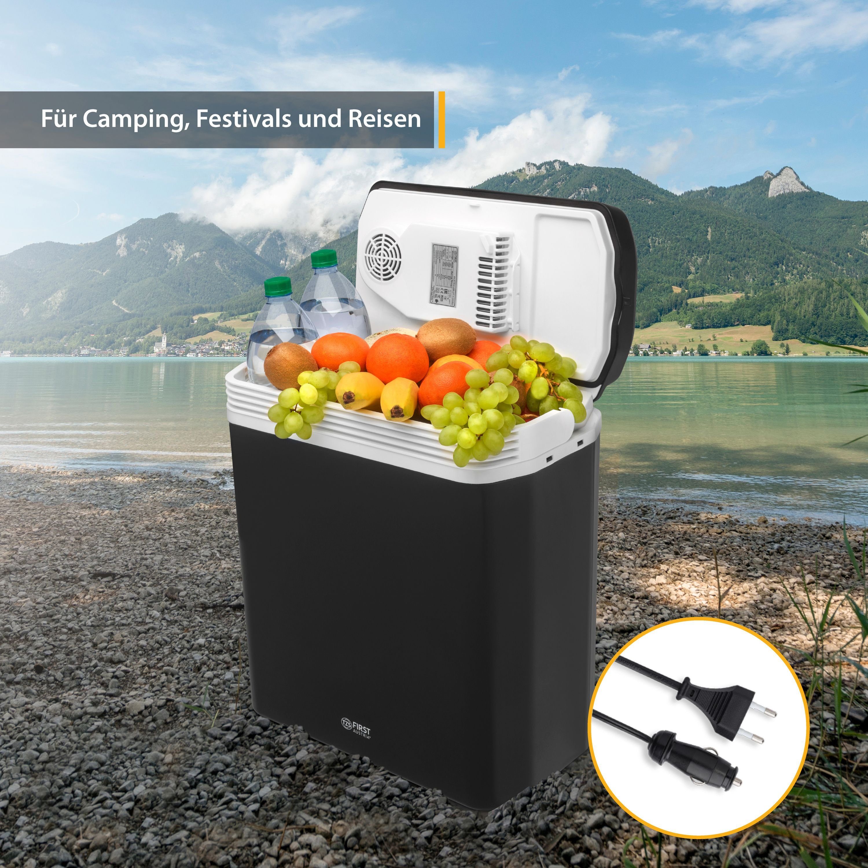 TZS FIRST AUSTRIA Elektrische Kühlbox elektrische Kühlbox, 24L, 12V /230V Anschluss, 12-V-Stecker fürs Auto, für Camping, Festivals, Reisen, mit Kühl- und Warmhaltefunktion