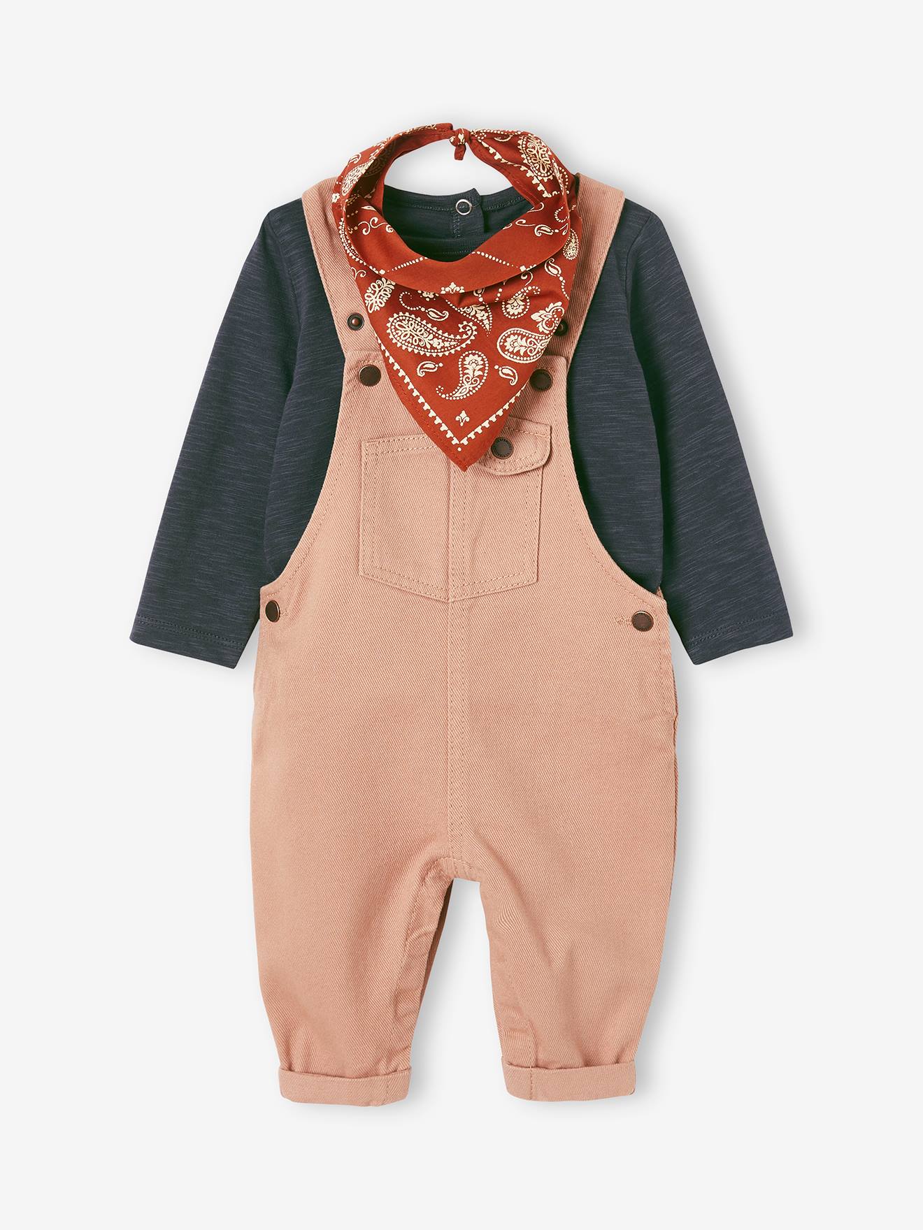Ensemble salopette, T-shirt et bandana bébé beige