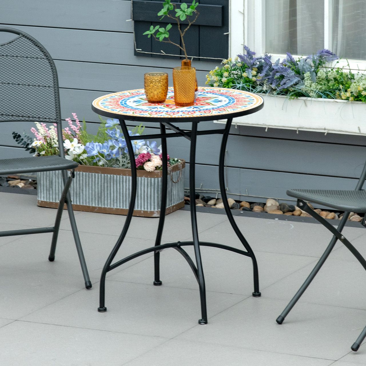 Outsunny Gartentisch Mosaiktisch rund Bistrotisch Beistelltisch mit Mosaikplatte Keramik Metall Rot Blau Weiß Ø60 cm
