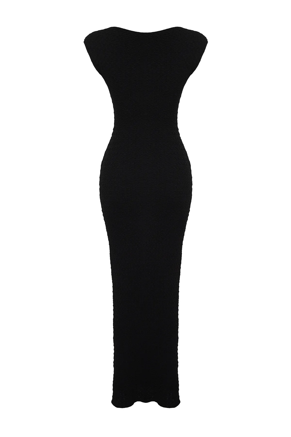 Trendyol Collection  Schwarzes, tailliertes/tailliertes Strick-Midi-Bleistiftkleid mit Mondärmeln aus strukturiertem Stoff TWOSS24EL00103