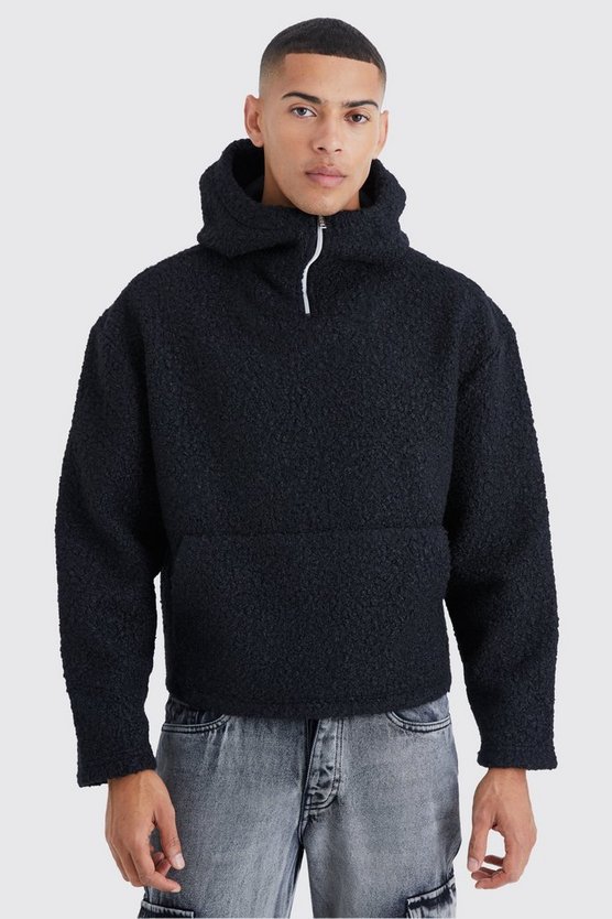 Kastiger Oversize Bouclee Borg-Hoodie mit 1/4 Reißverschluss