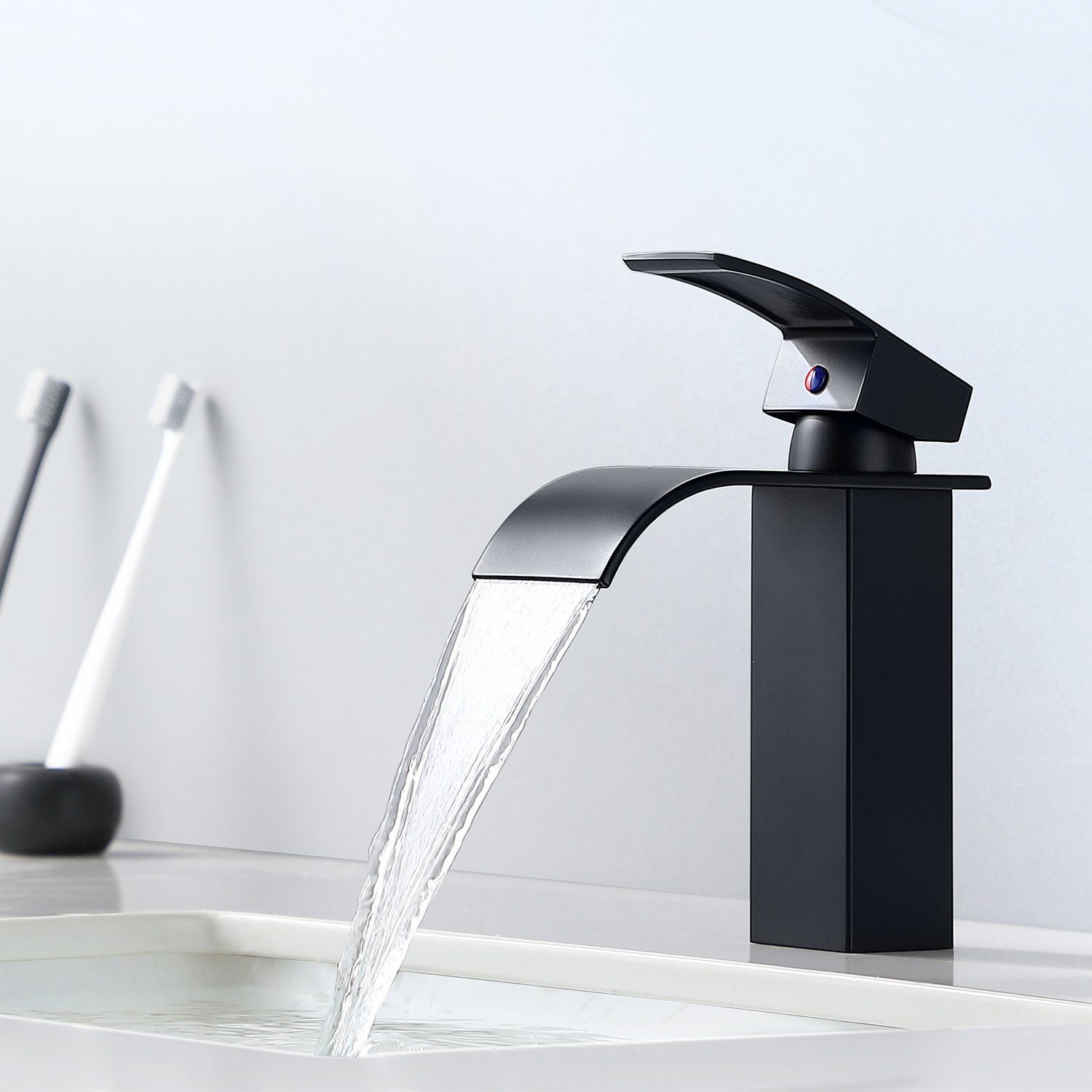 Auralum Waschtischarmatur Schwarz Wasserfall Wasserhahn Bad Waschbecken Armatur Badarmatur Mischbatterie, Gesamthöhe: 183 mm