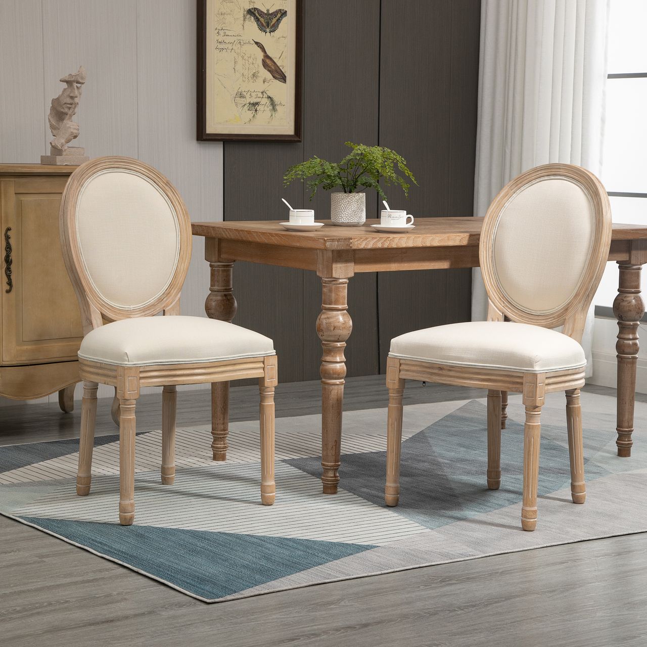 HOMCOM 2er Set Esszimmerstühle Vintage Küchenstuhl Polsterstuhl mit Rückenlehne Linen-Touch Massivholz Cremeweiß Natur 49 x 56 x 96 cm