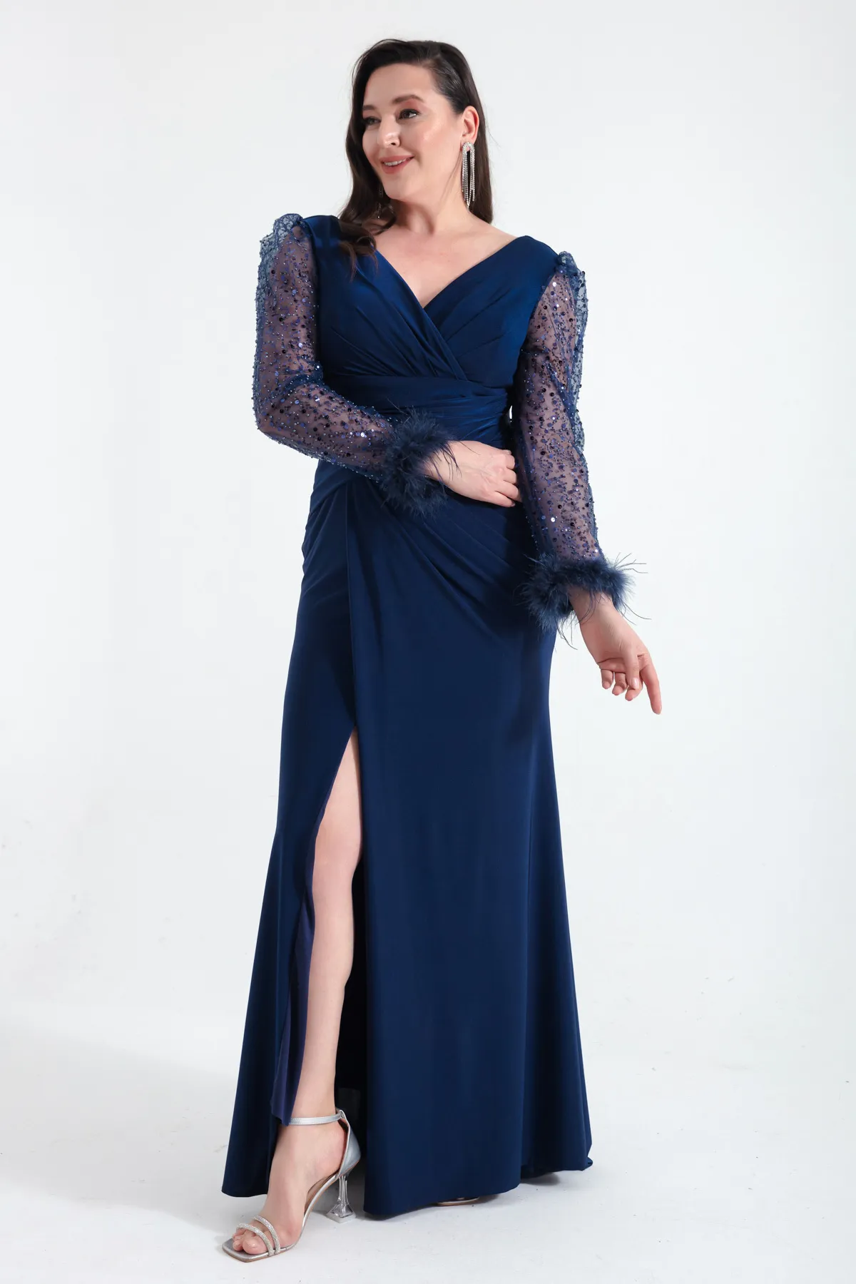 Lafaba  Marineblaues, langes Abendkleid mit V-Ausschnitt und juwelenbesetzten Schlitzen für Damen