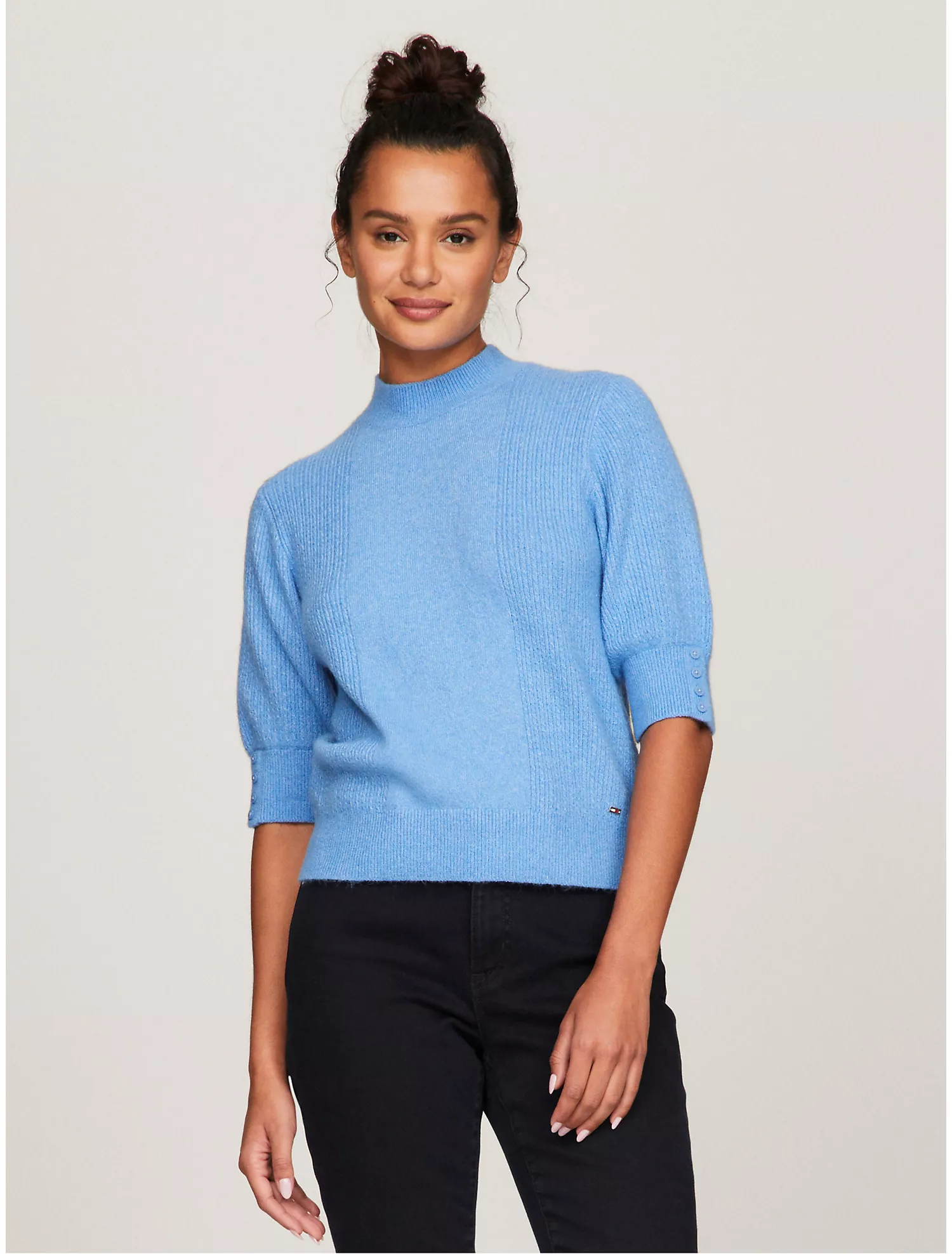 Short-Sleeve Mockneck Mix Knit Sweater