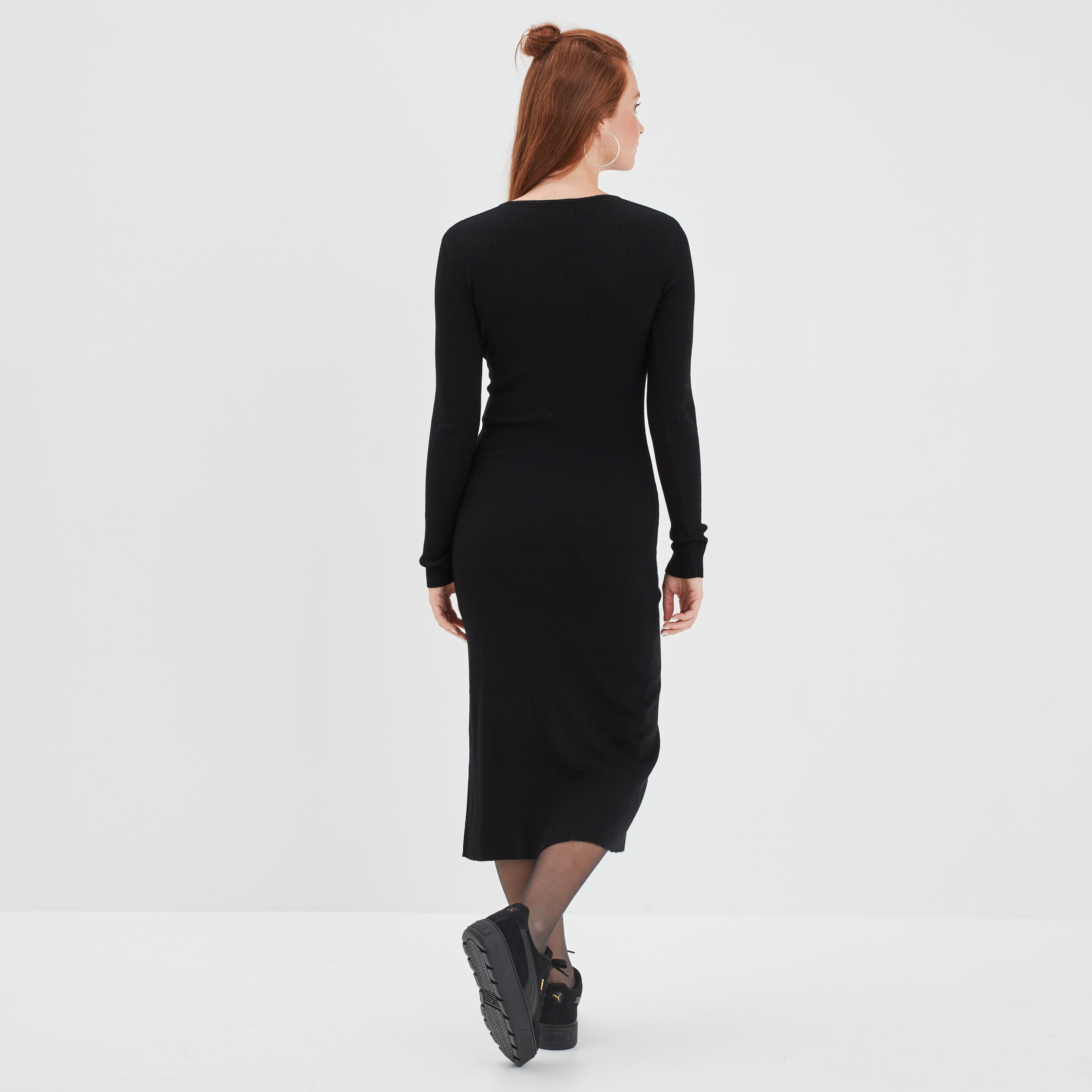 Robe pull longue moulante fendue noir femme | La Halle