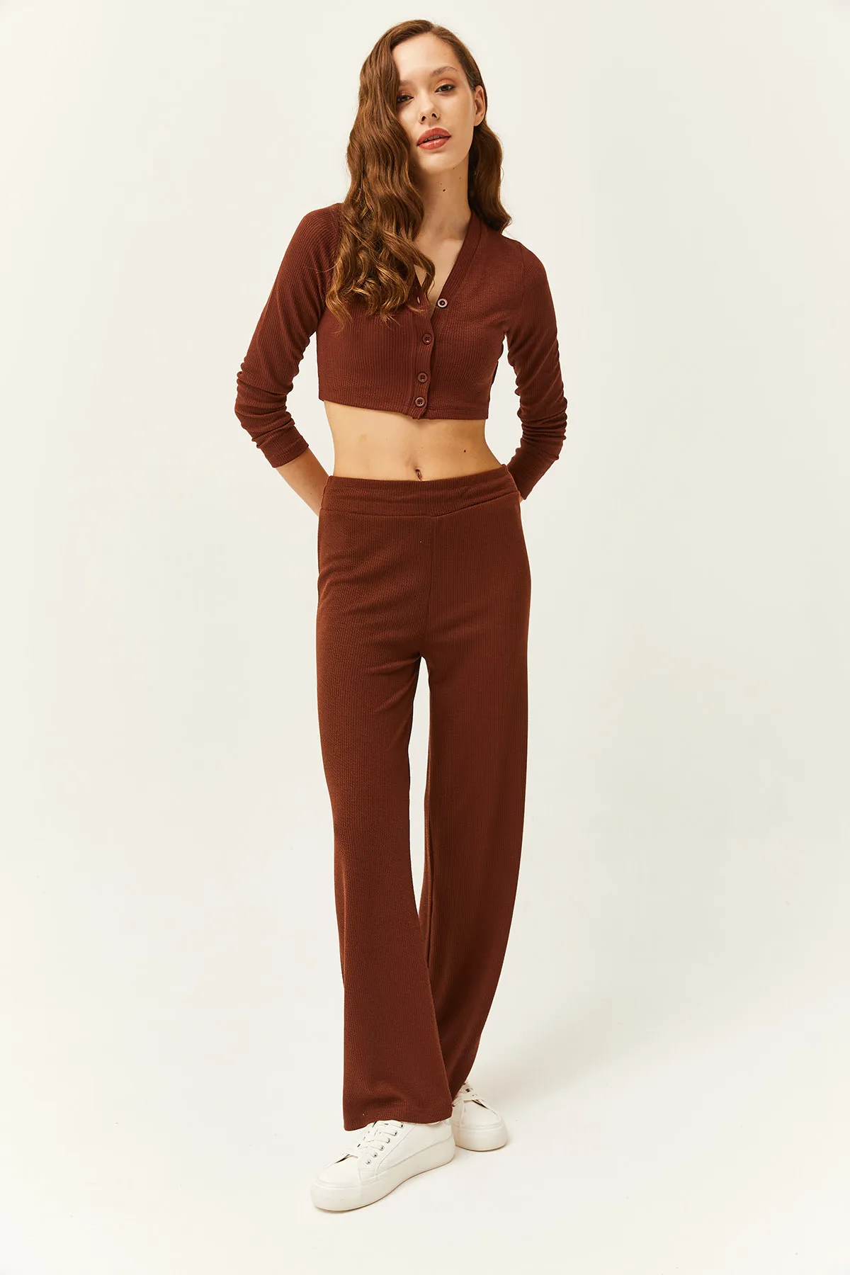 Olalook  Damen Bitter Coffee Cardigan Unten Oben Gerippt Team TKM-19000235