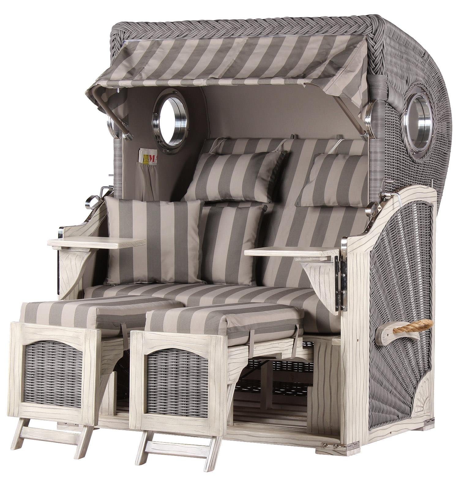 bene living Strandkorb Ammersee Mahagoni - Koboo washed grey - Modell 537, BxTxH: 125x80x165 cm, Volllieger ca. 175 Grad, Ostsee-Strandkorb, inkl. Liftersystem und Bullaugen