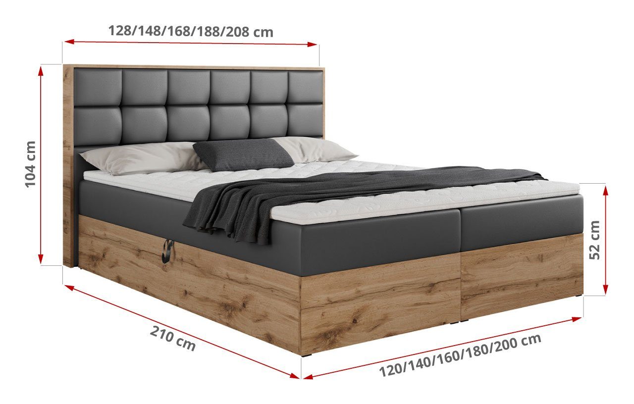 MKS MÖBEL Boxspringbett ALBERO 1, Doppelbett, Multipocket-Matratze, Eiche Holzrahmen, Praktisch