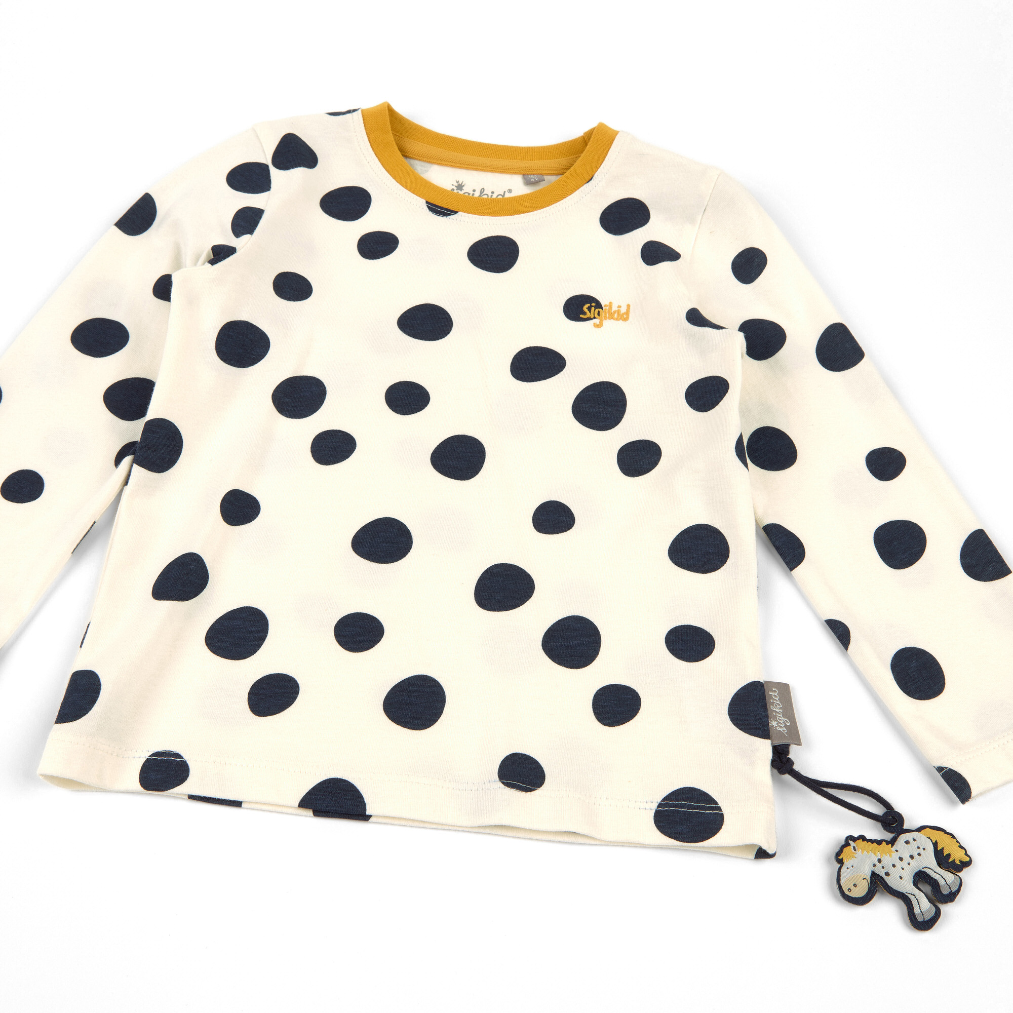 Weißes Kinder Langarmshirt mit dunkelblauen Punkten