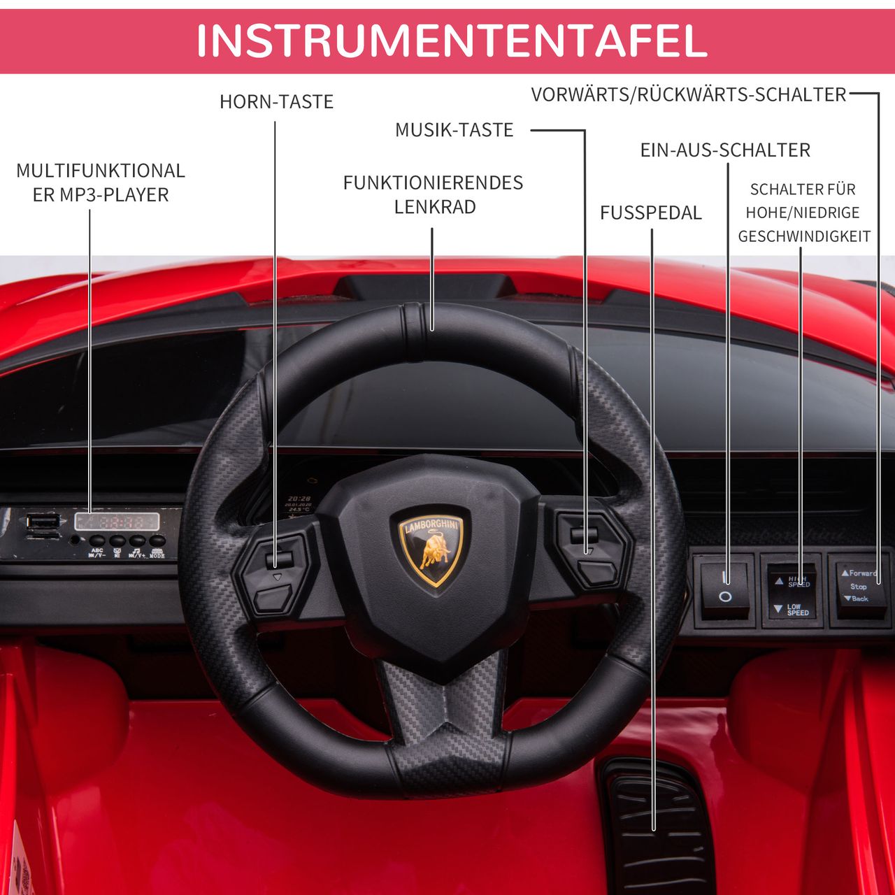 HOMCOM Kinderfahrzeug 2 Fahrmodi SIAN SUV-Auto-Spielzeug Elektroauto mit Fernbedienung extra breiten Reifen Musik(MP3/USB) Licht 3–5 Jahre PP Metall Rot 108 x 62 x 40 cm