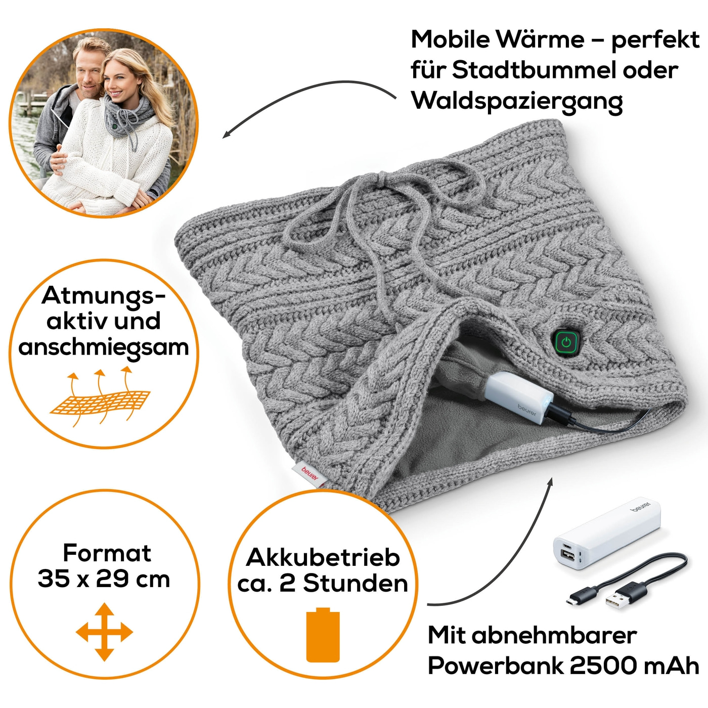 Beurer Schlauchschal mit Powerbank HK 37 To Go-Beheizter Schlauchschal mit abnehmbarer Powerbank & 3 Wärmestufen