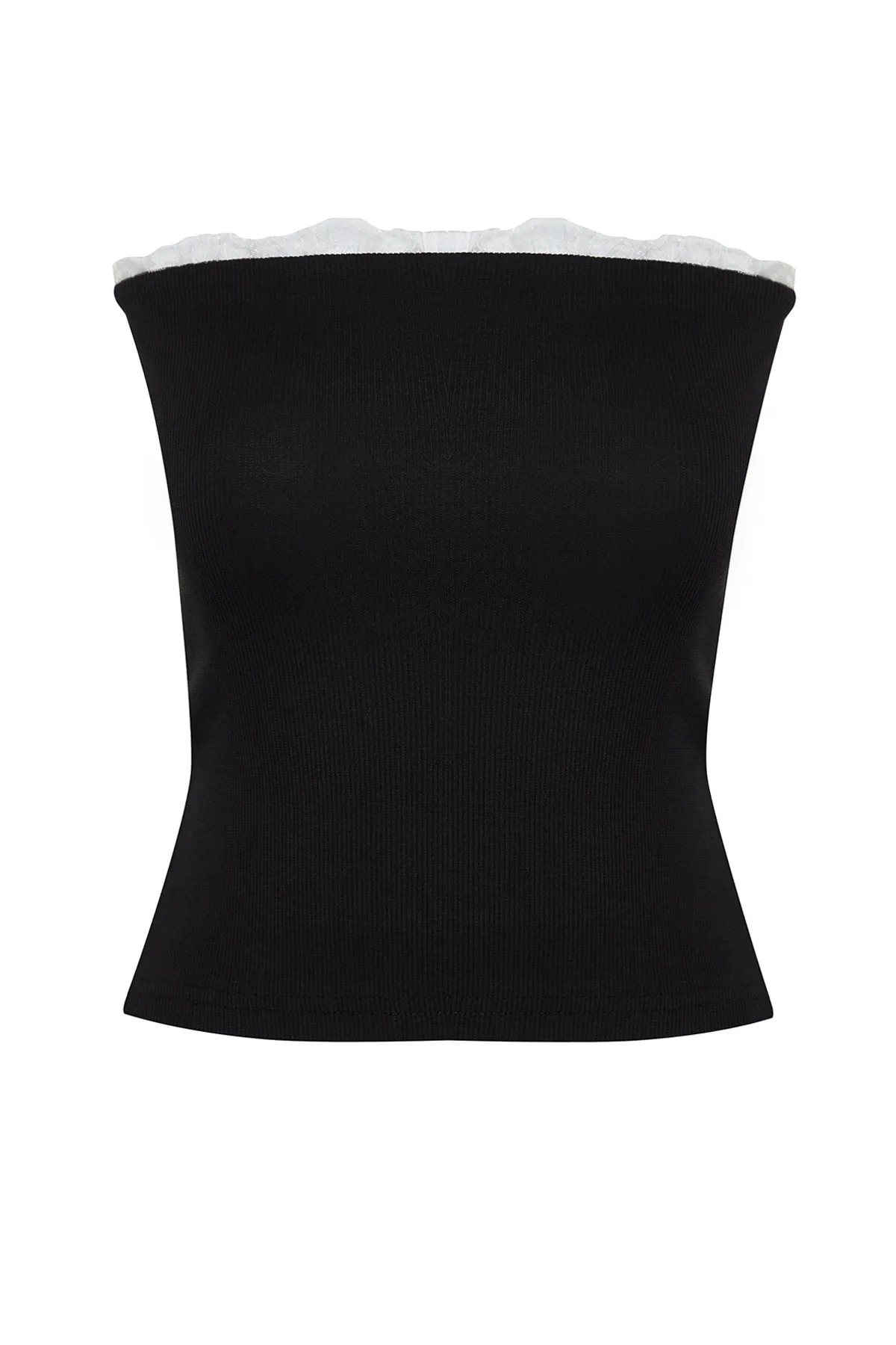 Trendyol Collection  Schwarze gerippte, trägerlose Bluse mit gewebtem Garn, taillierte Baumwolle, flexible, kurze Strickbluse TWOSS24BZ00361