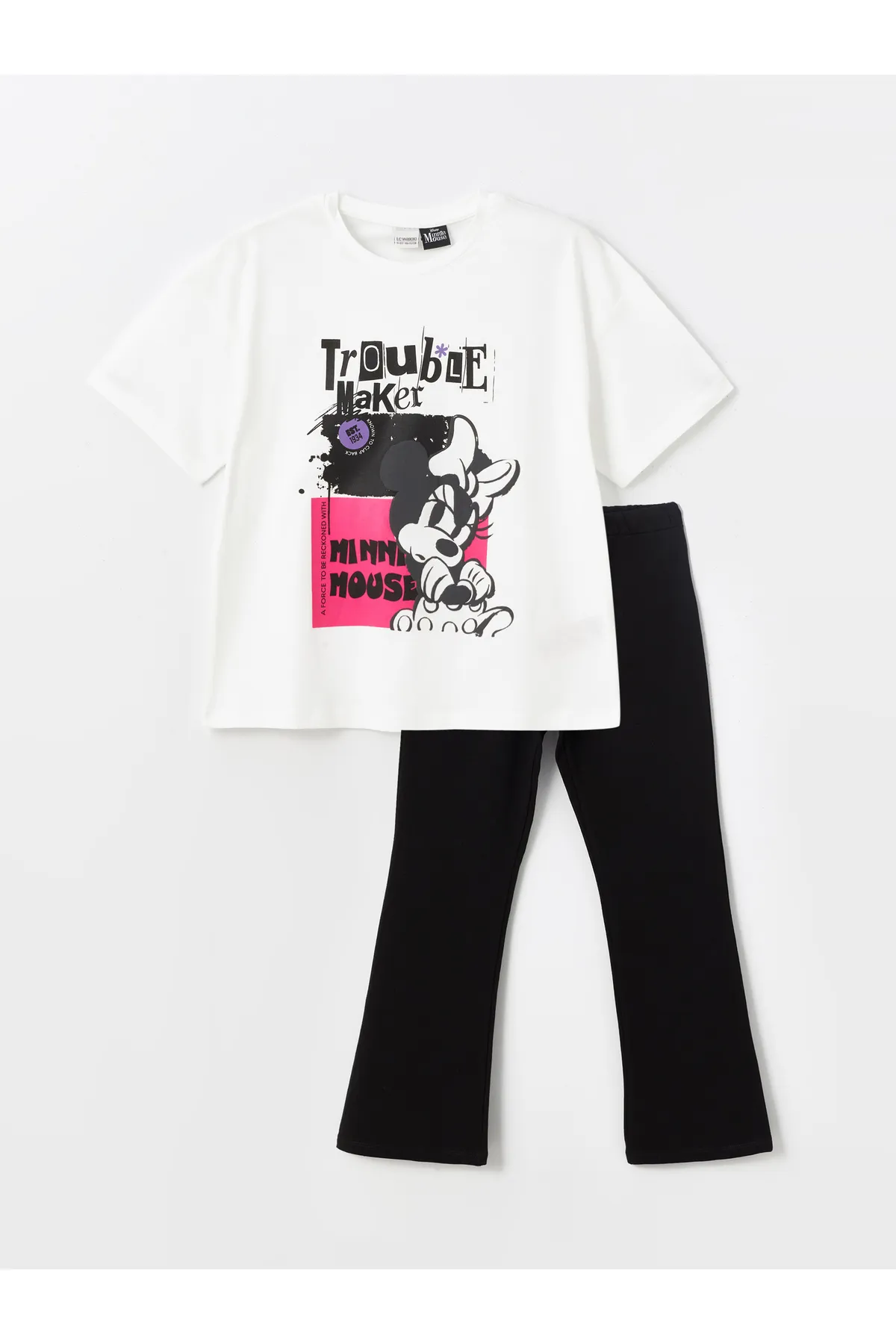 LC Waikiki  Kurzarm-T-Shirt und Leggings für Mädchen mit Minnie Mouse-Aufdruck und Rundhalsausschnitt