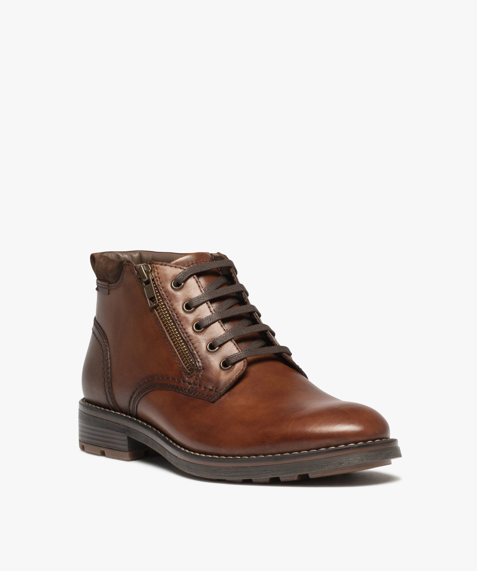 Boots homme casual en cuir uni à zip et à lacets marron | GEMO