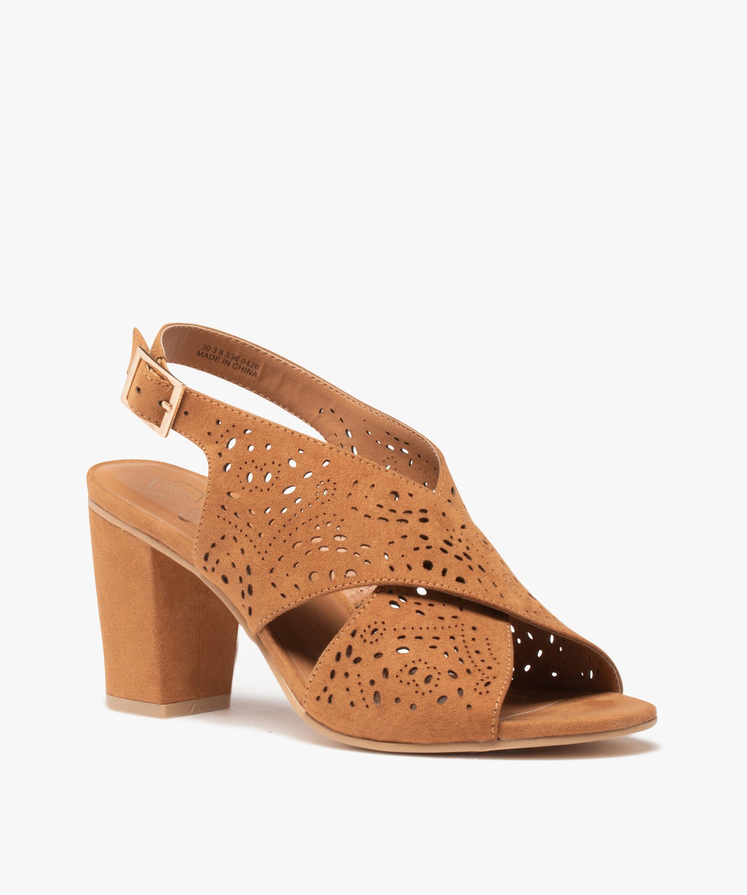 Sandales femme unies à talon carré et brides perforées camel | GEMO