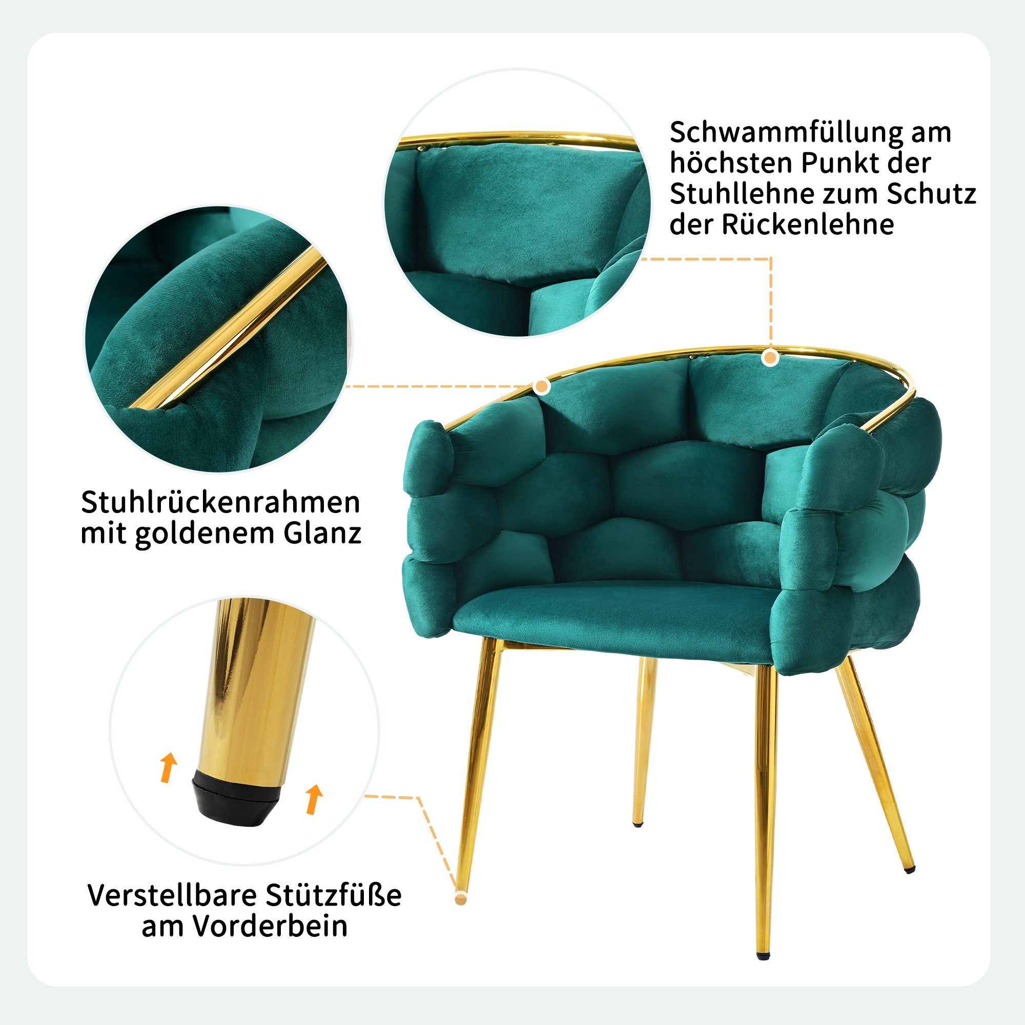 Flieks Polsterstuhl (mit Armlehnen und Rückenlehne, 1 St), Wohnzimmerstuhl, Esszimmerstuhl, Samtstuhl, Schminkstuhl, mit Metallbeinen