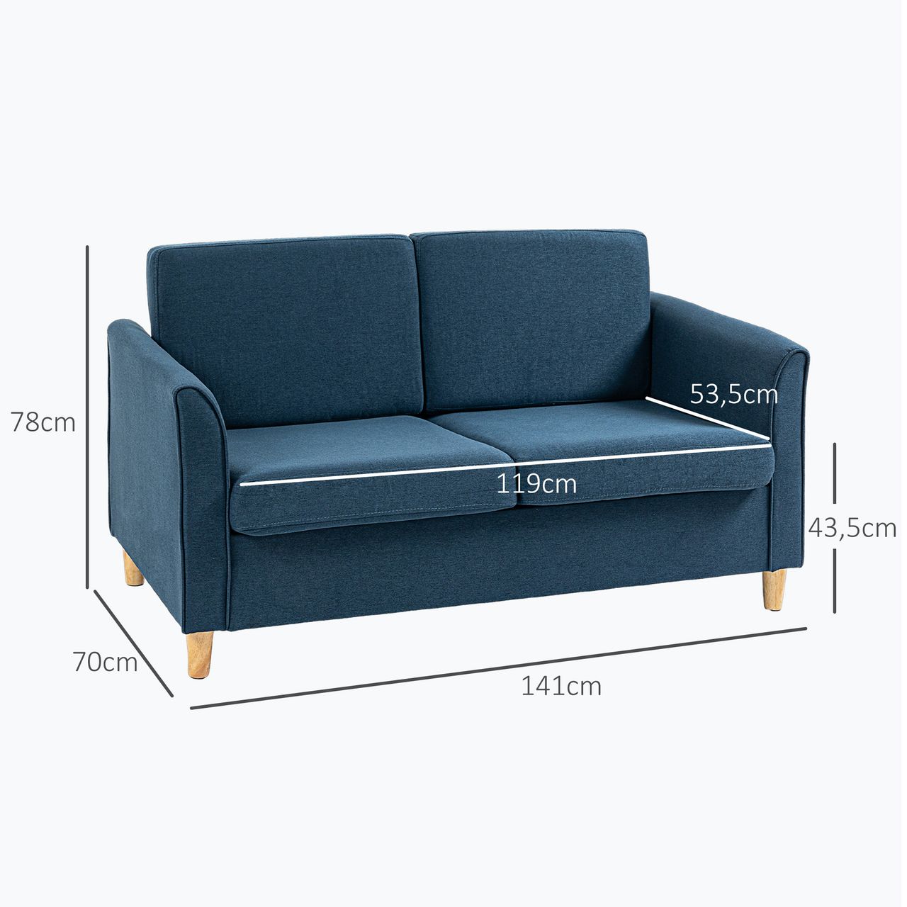 HOMCOM 2 Sitzer Sofa, Gepolsterter Couch mit Leinenoptik für Wohnzimmer Blau