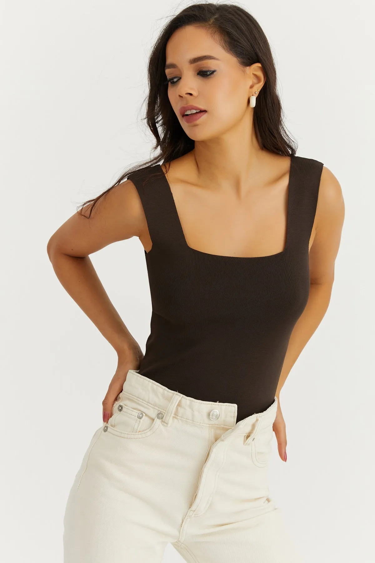 Cool & Sexy  Braune Strickbluse mit eckigem Ausschnitt für Damen YV80
