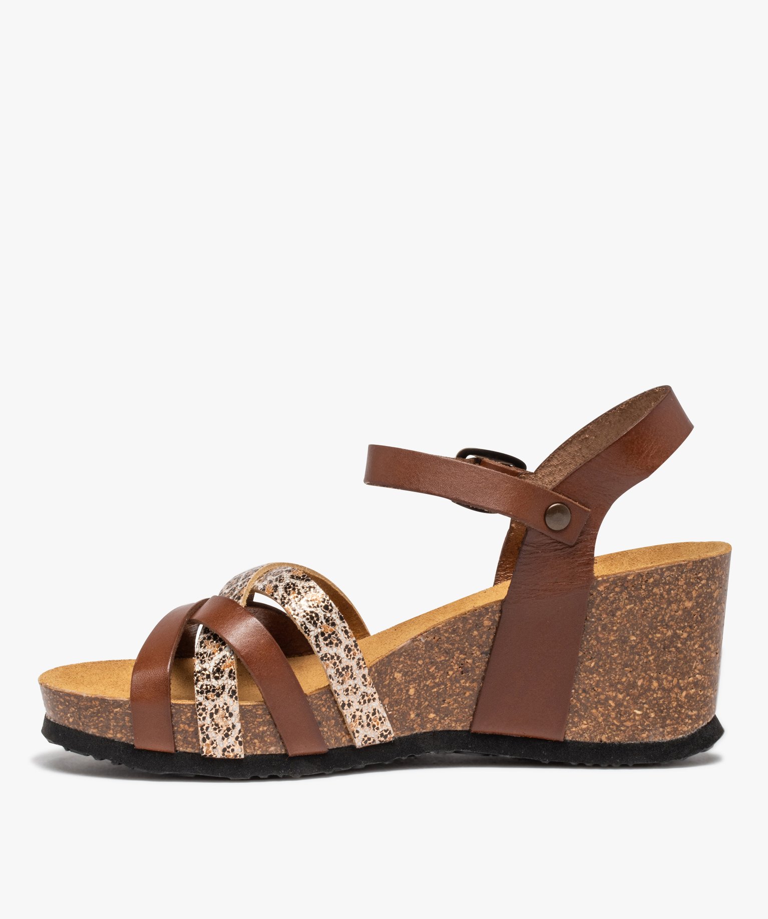 Sandales femme compensées à brides en cuir marron | GEMO