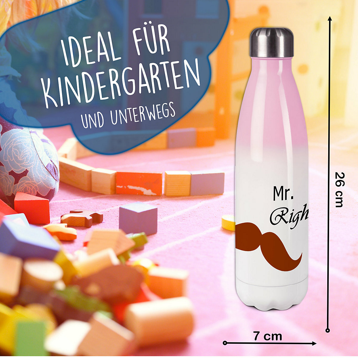 Edelstahl Kinder Thermoflasche / Trinkflasche bunt Bart mustache Spülmaschinenfest, Auslaufsicher, Bruchfest, Doppelwandig, Für Heißgetränke geeignet, Mit Deckel, Isoliert