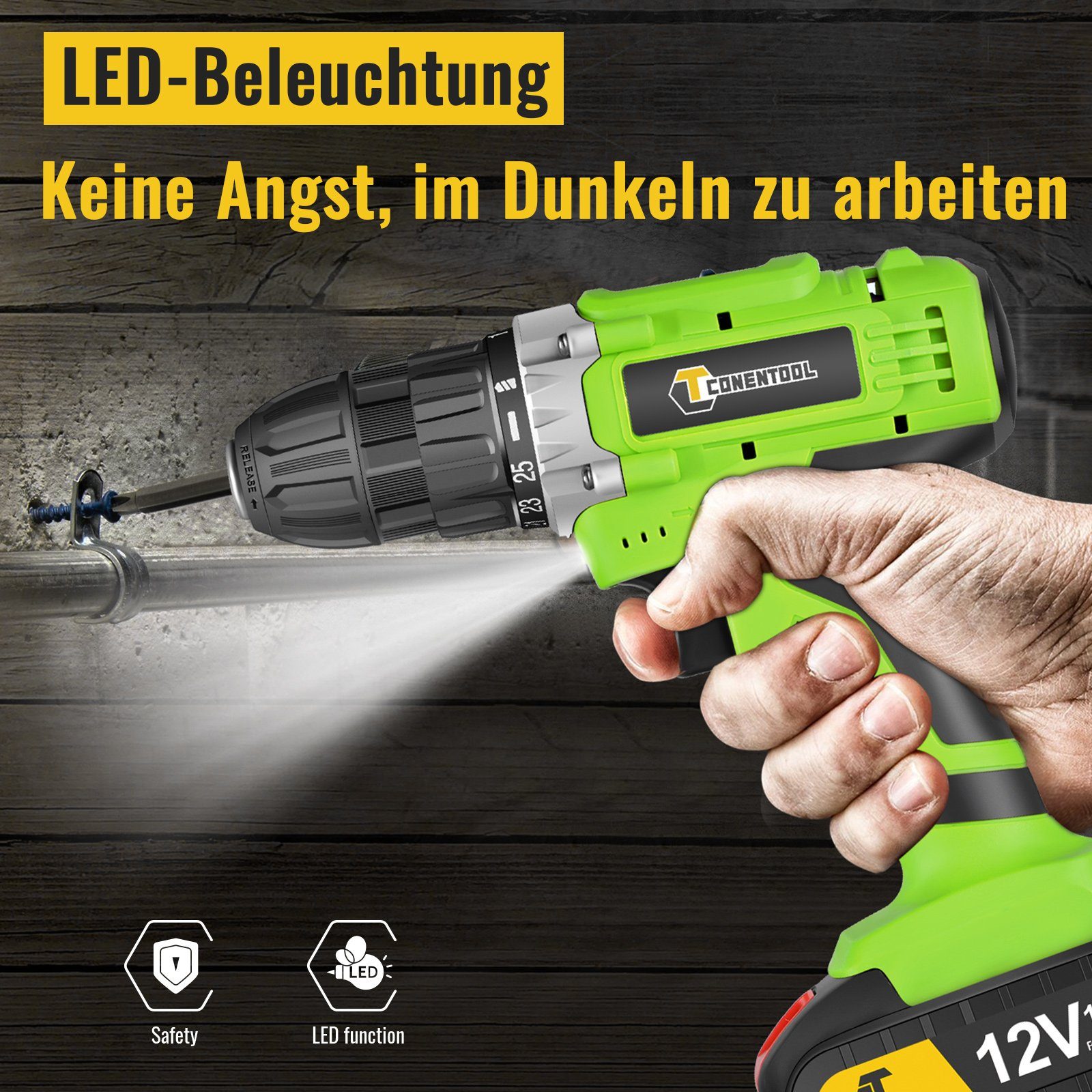 Ulife Akku-Schraubendreher CONENTOOL Bohrschrauber, 1650,00 U/min, 35,00 Nm, (Set, Aufbewahrungskoffer, Ladegerät, 1×Akku, Bit-Set), mit Akkus und Ladegerät