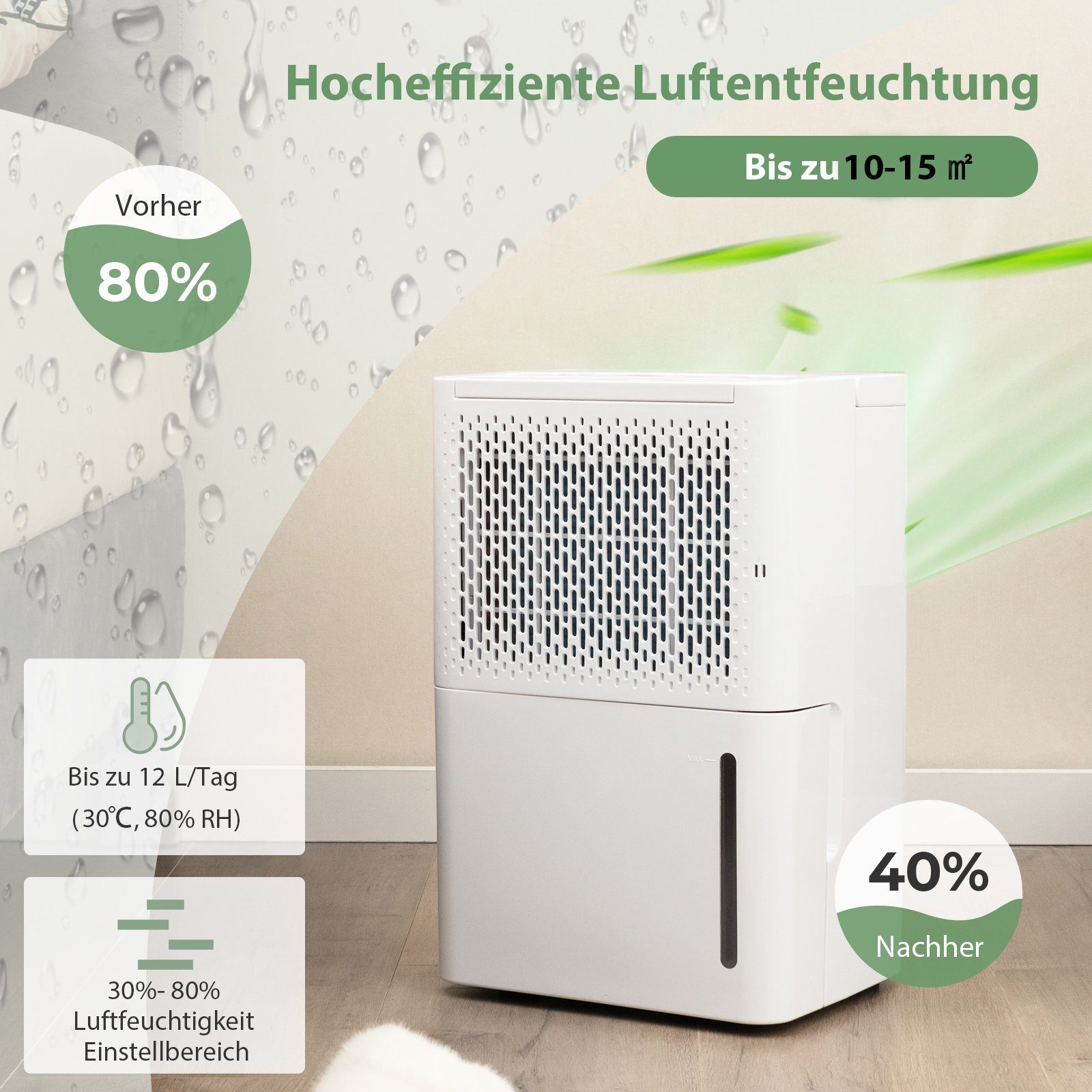 COSTWAY Luftentfeuchter, Entfeuchtung 12,00 l/Tag, Tank 2,20 l