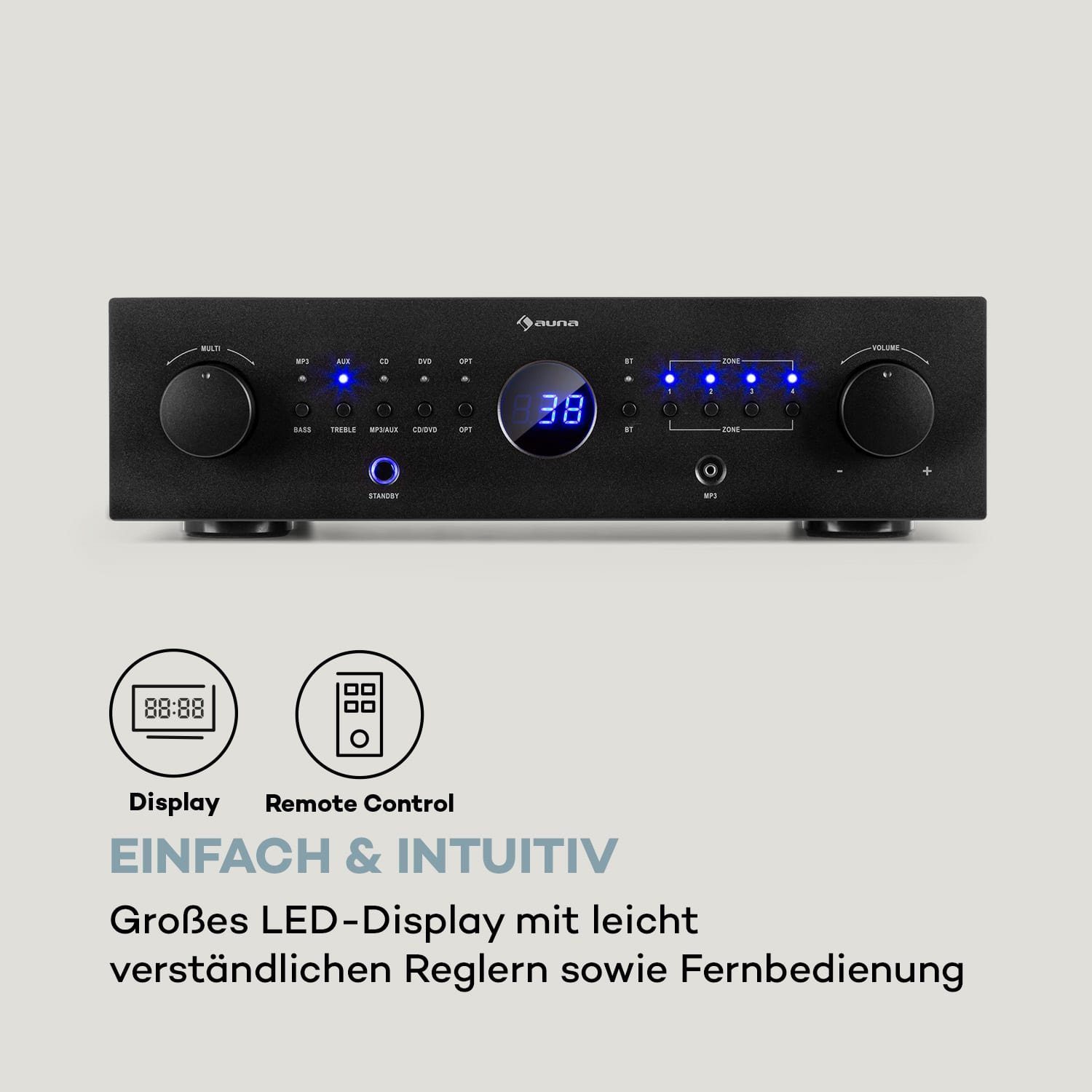 Auna AMP-CD950 DG Audioverstärker (Anzahl Kanäle: 4-Kanal, 800 W, Digital Audio Bluetooth Verstärker HiFi Stereo Amplifier Multikanal)