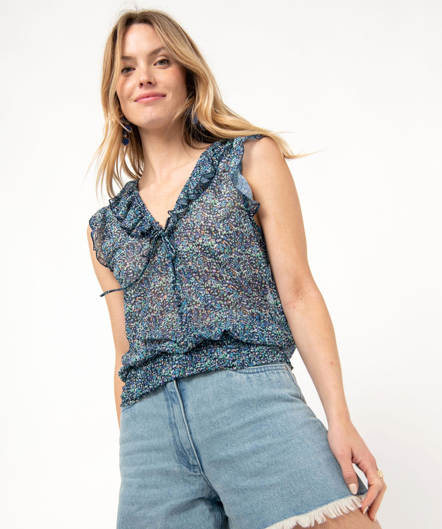Tee-shirt sans manches en voile fleuri femme imprime | GEMO