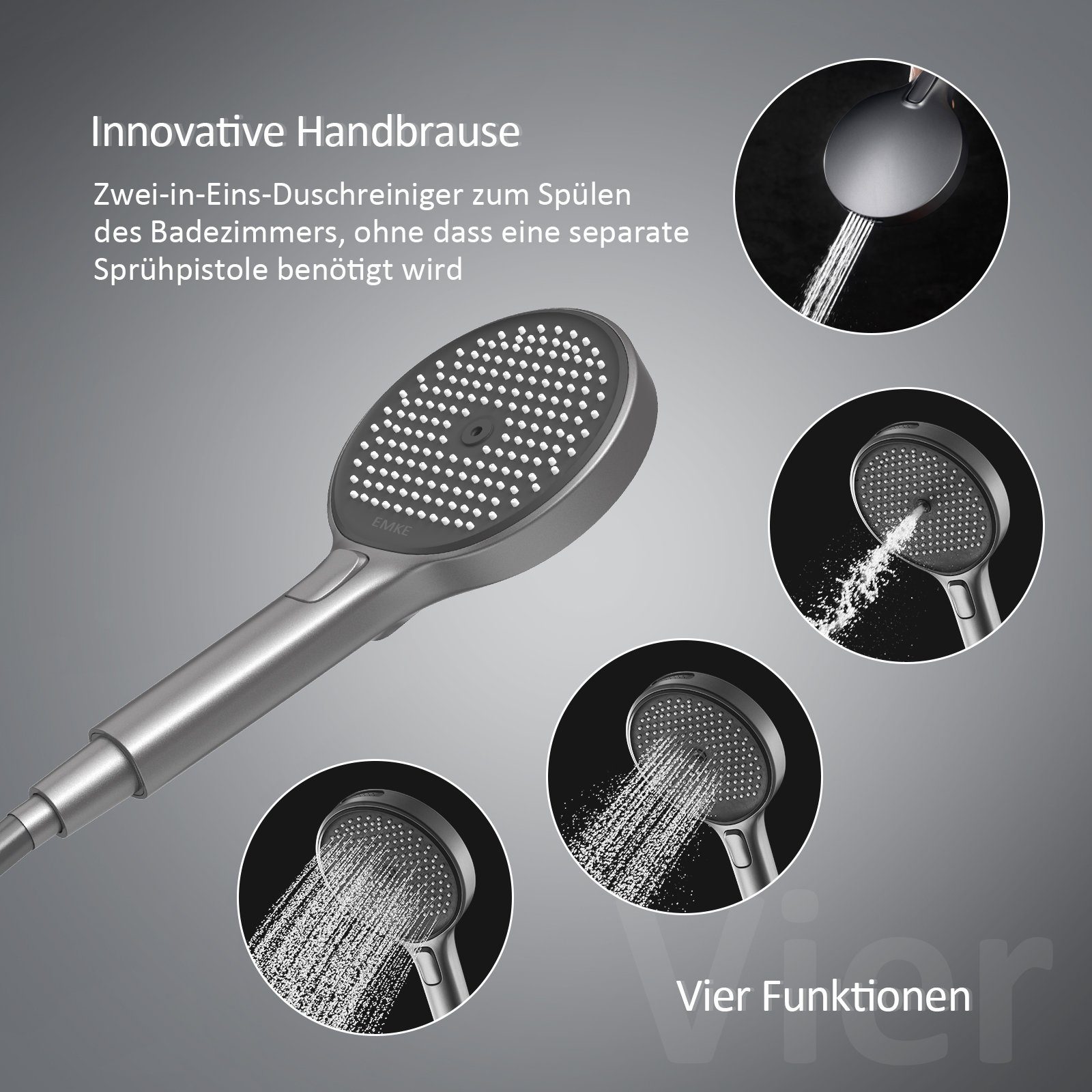 EMKE Duschsystem Duschsystem mit Thermostat Duschset mit 40cm Thermostatische Platte, 4 Strahlart(en), Brausestange, Handbrause, Regendusche, Wasserauslass, Anthrazit Matt