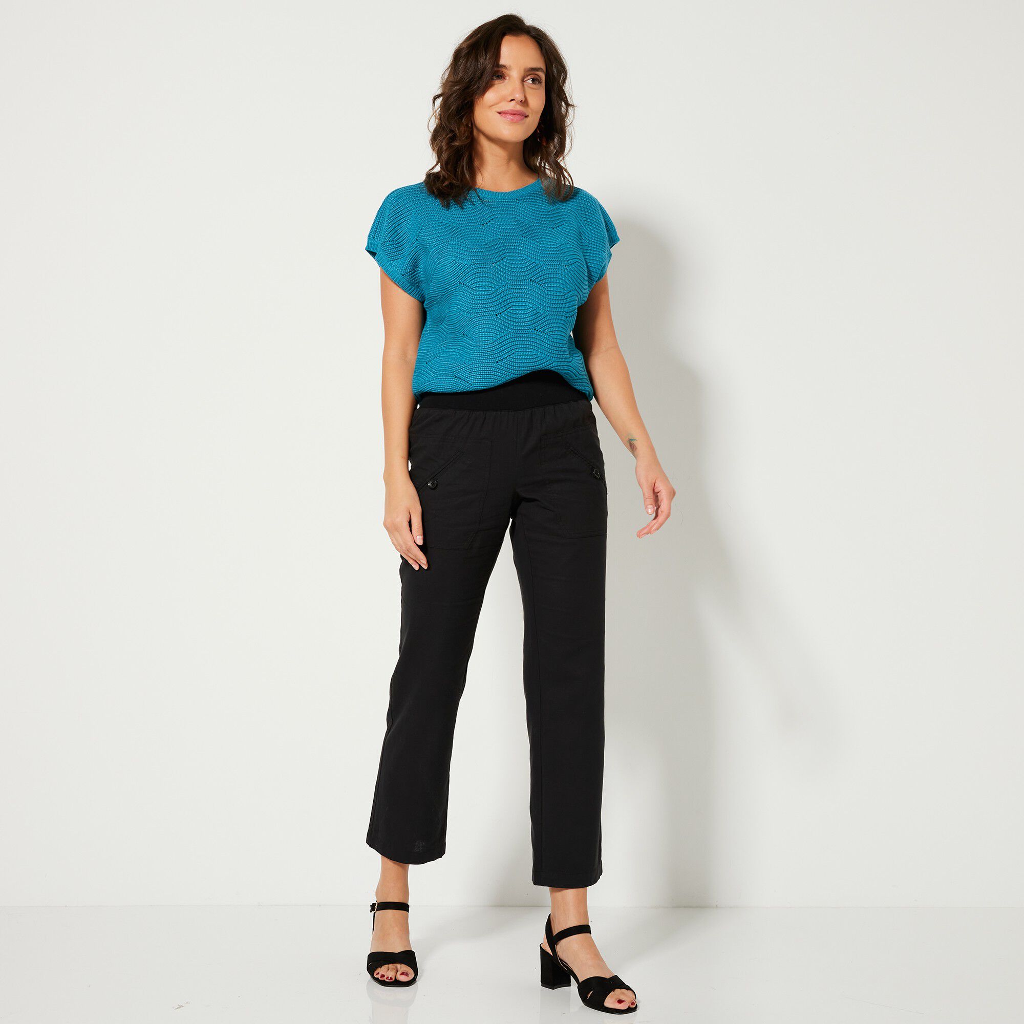 Pantalon coupe droite 7/8ème taille élastiquée, lin coton