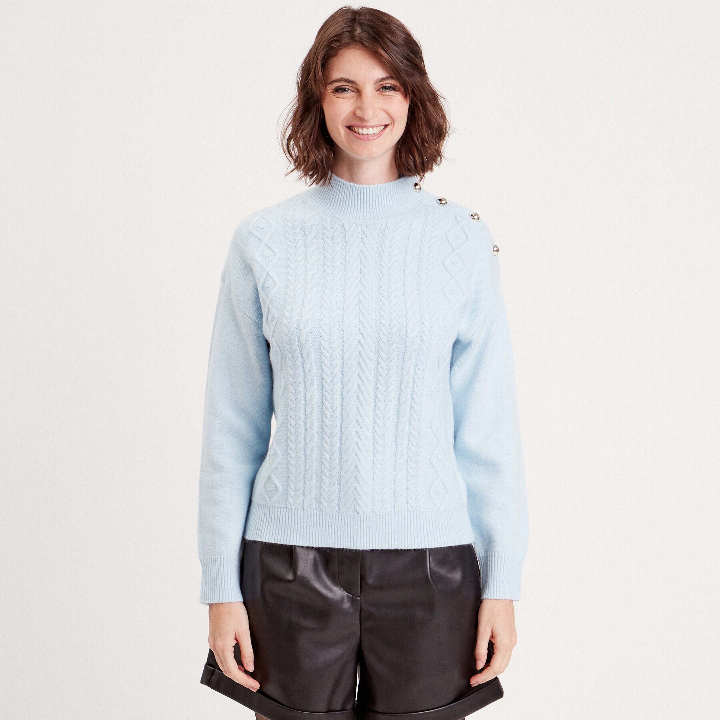 Pull col montant avec torsades bleu pastel femme | Cache Cache