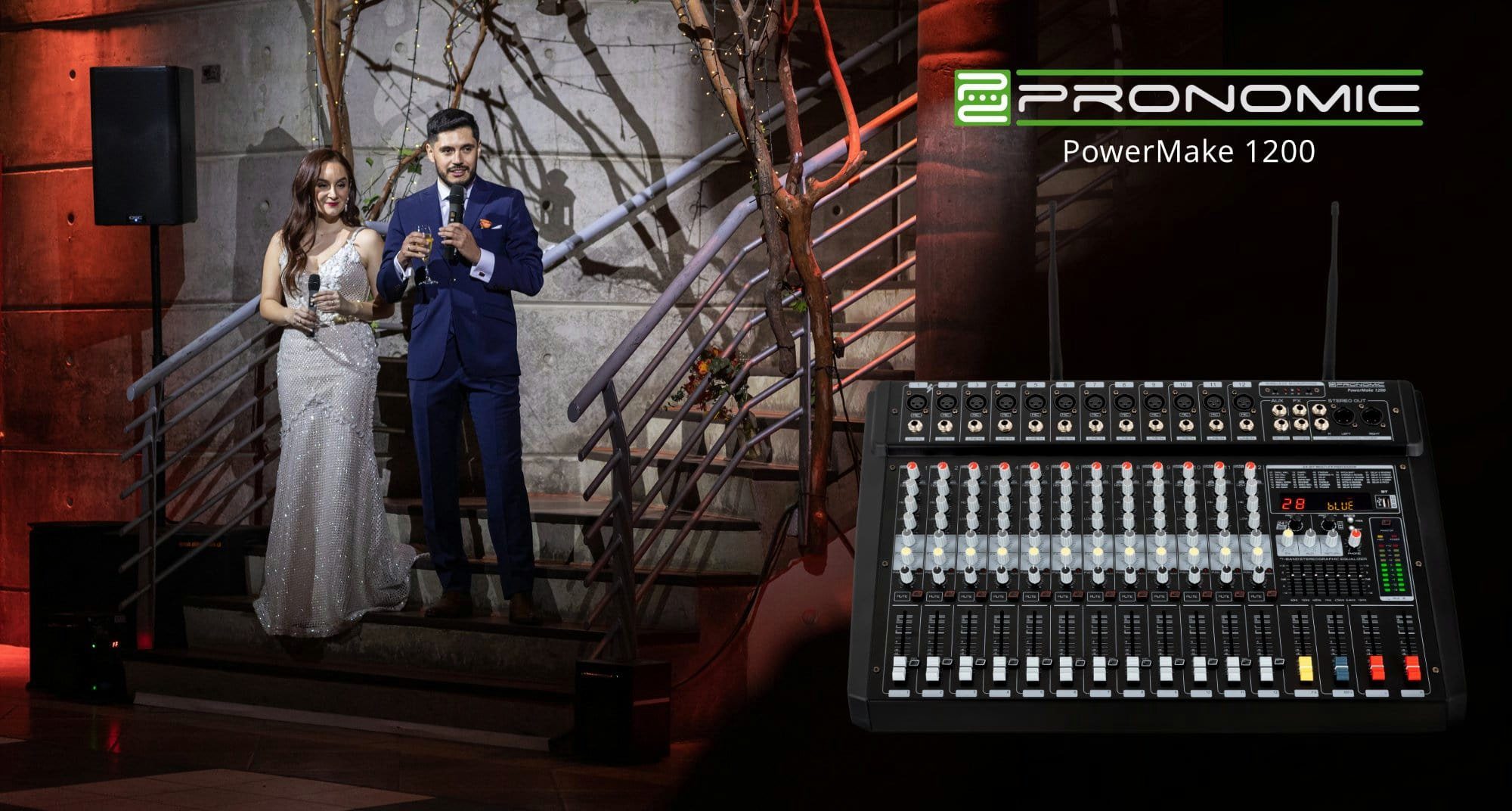 Pronomic Mischpult 12-Kanal-Powermischer 760 Watt RMS-Leistung, (inkl. 2 Funkmikrofone und im Mixer integrierter UHF-Empfänger), Bluetooth®/USB-Player/Recorder - Grafischer Equalizer