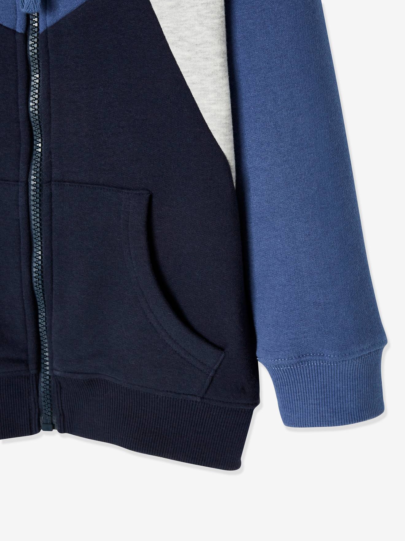 Sweat color-block zippé garçon motif au dos bleu
