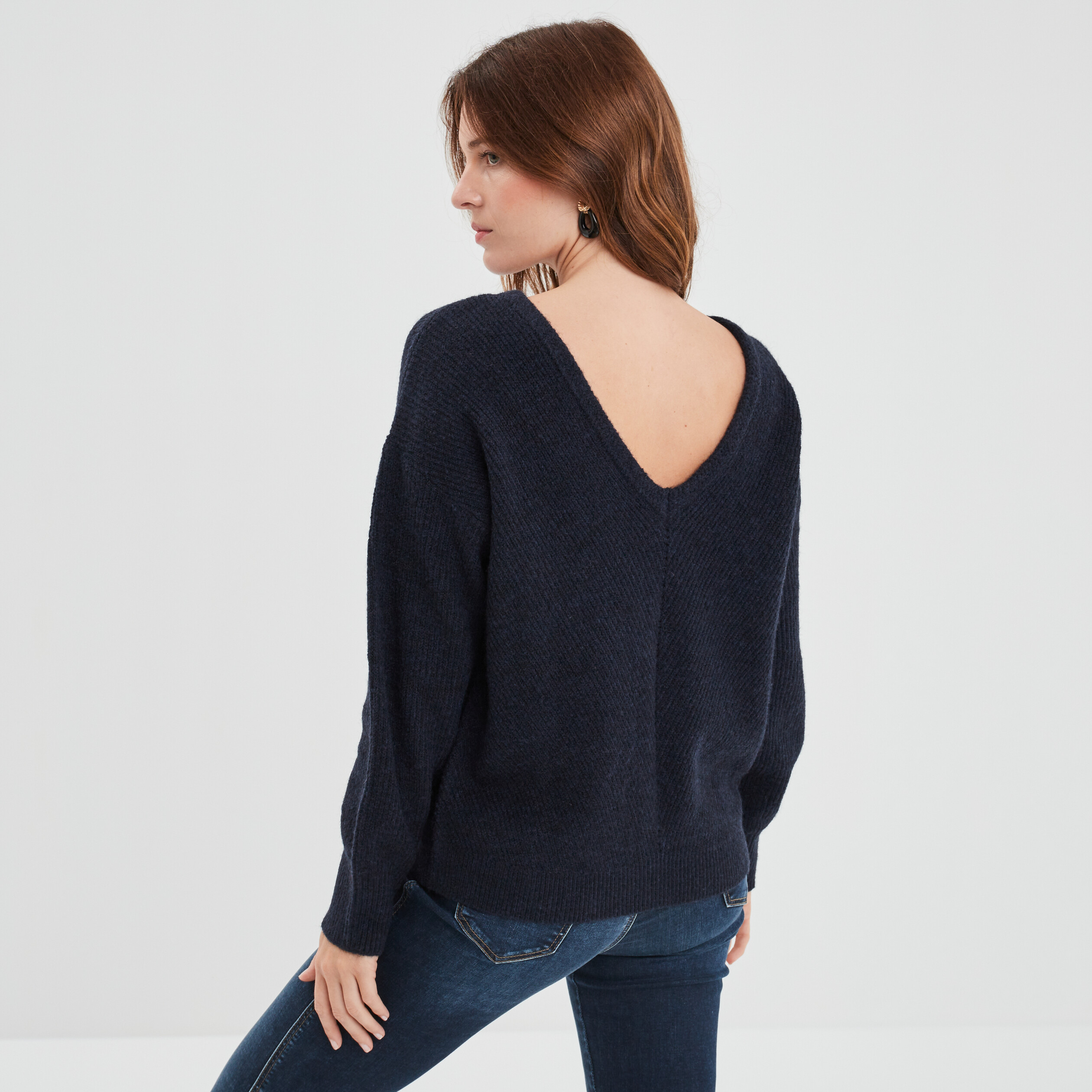 Pull réversible dos col en V bleu foncé femme | La Halle