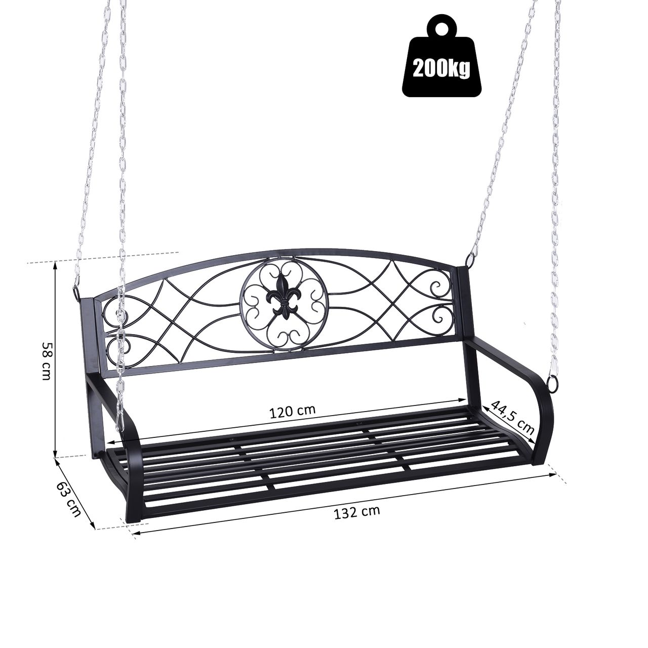 Outsunny Hängebank 2-Sitzer Gartenschaukel Schaukelbank mit Ketten Schwarz 132 x 63 x 58 cm
