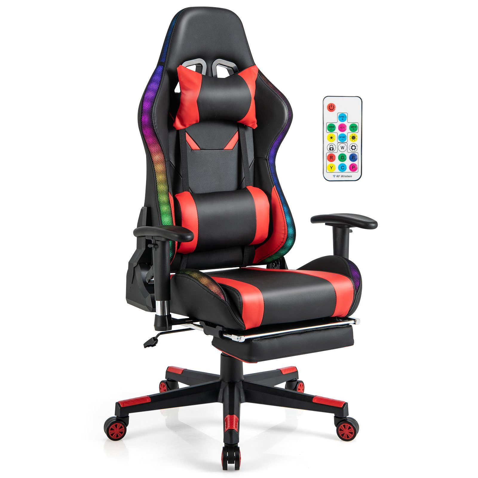 COSTWAY Gaming-Stuhl, mit Fußstütze, RGB-LEDs, verstellbarer Rücklehne, 160kg